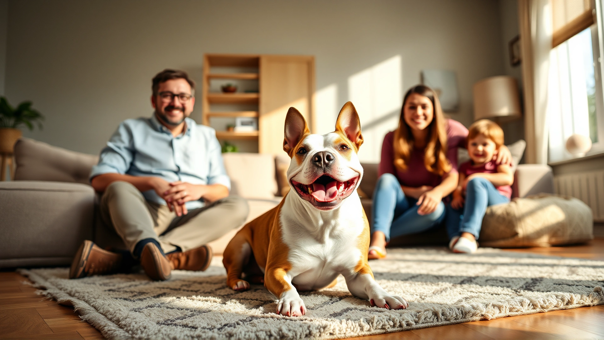 Happy Bull Terrier sitting on a living room rug with two smiling children and their parents in soft natural light