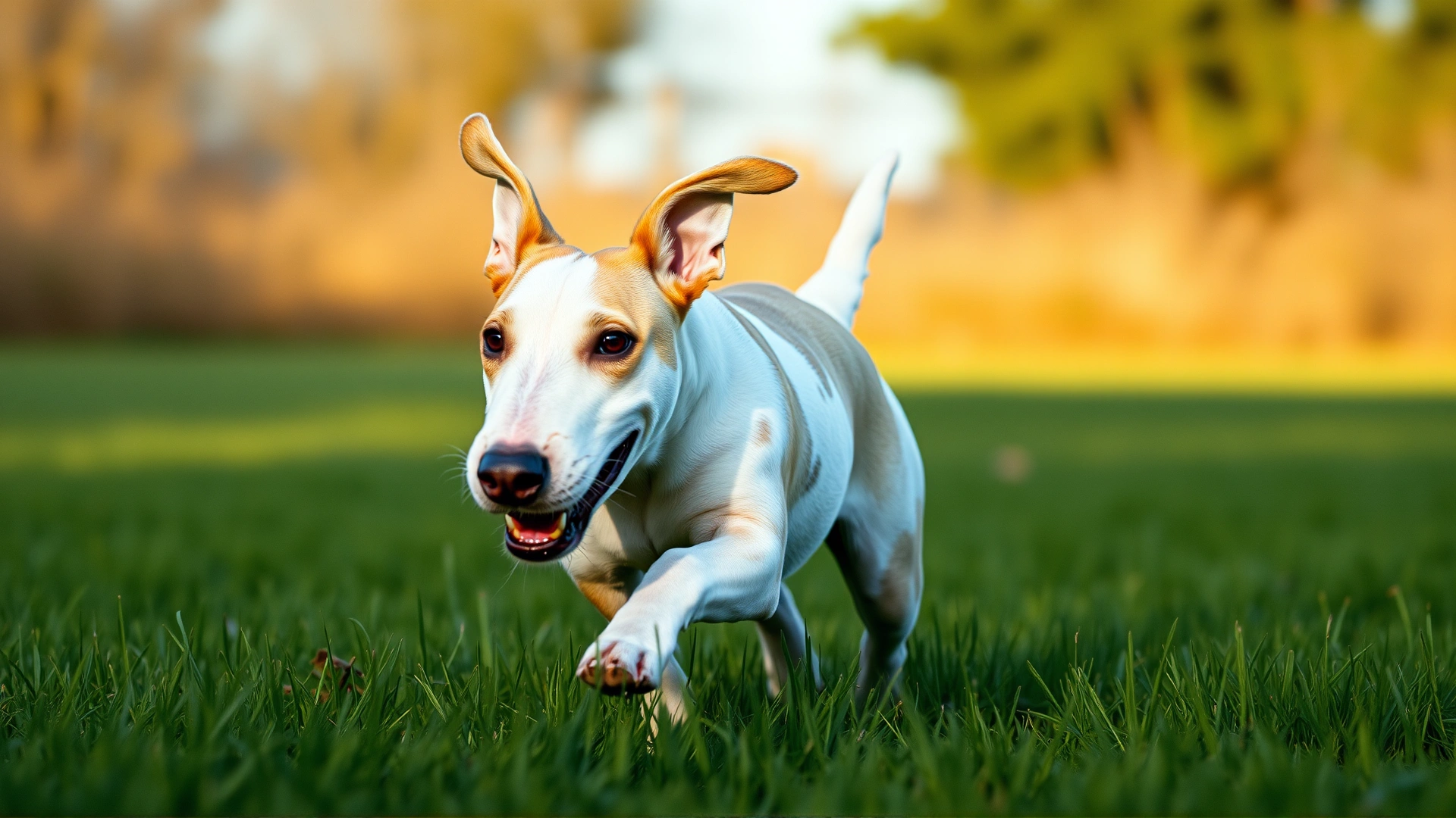 Dynamic shot of an adult Bull Terrier running through a sunlit grassy field, ears flapping, shallow depth of field