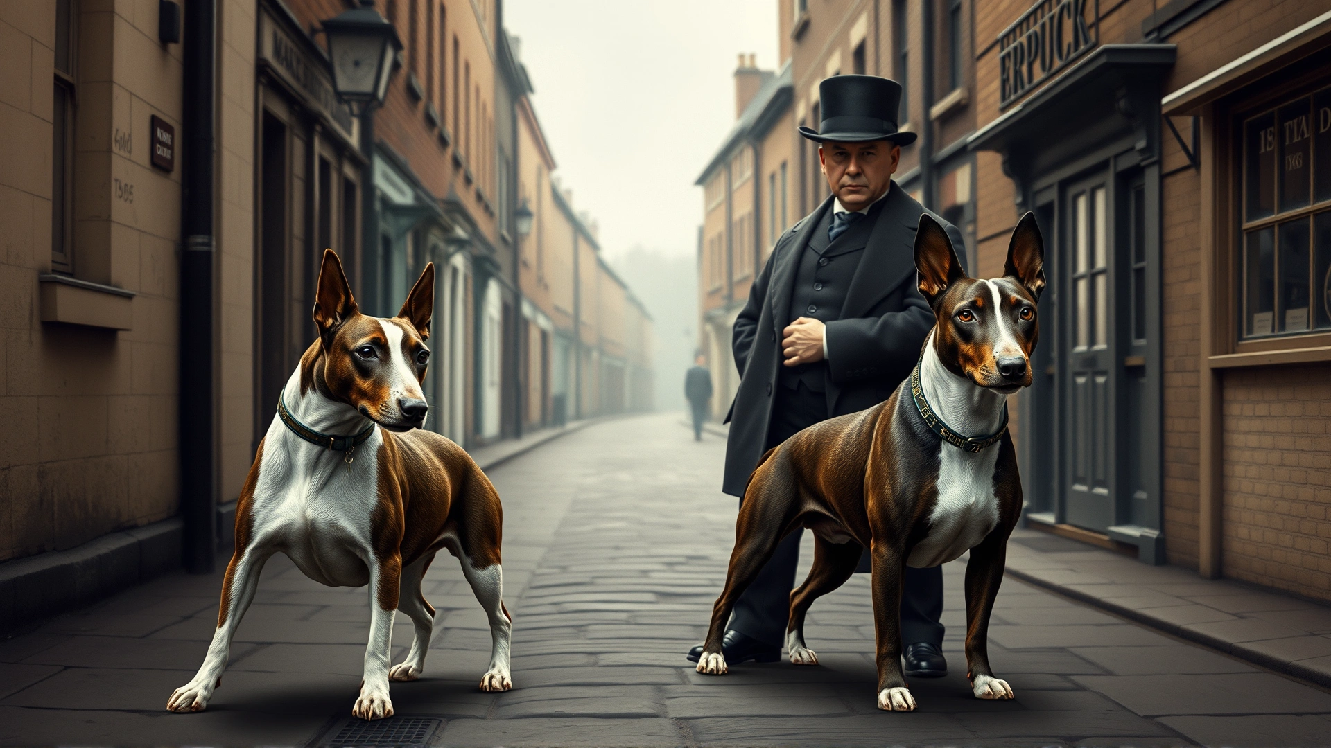 Vintage-style illustration of two early Bull Terriers standing beside a Victorian gentleman on a 19th-century English street, muted tones