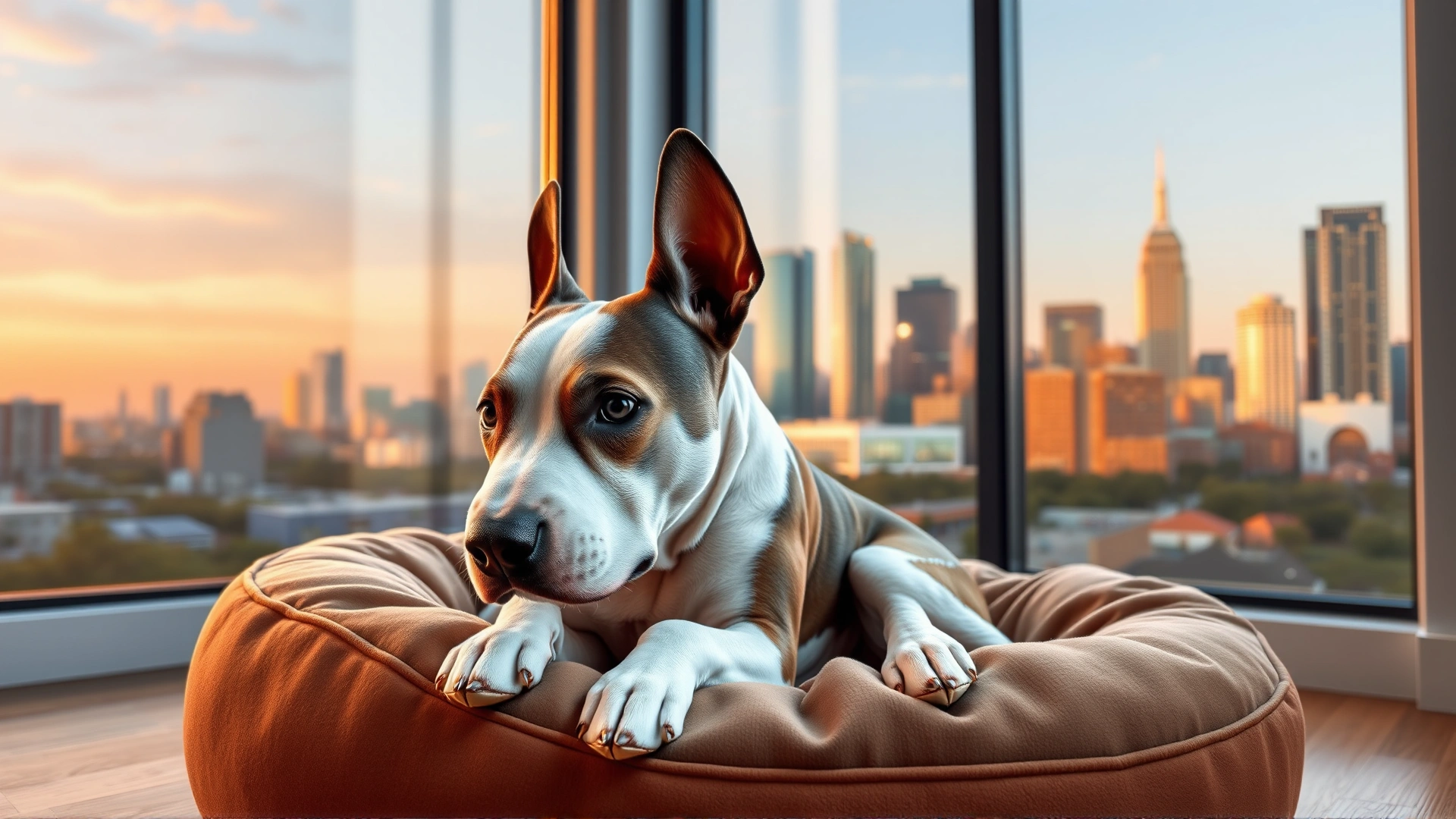Bull Terrier relaxing on a cozy dog bed near a large apartment window with city skyline in background, warm lighting