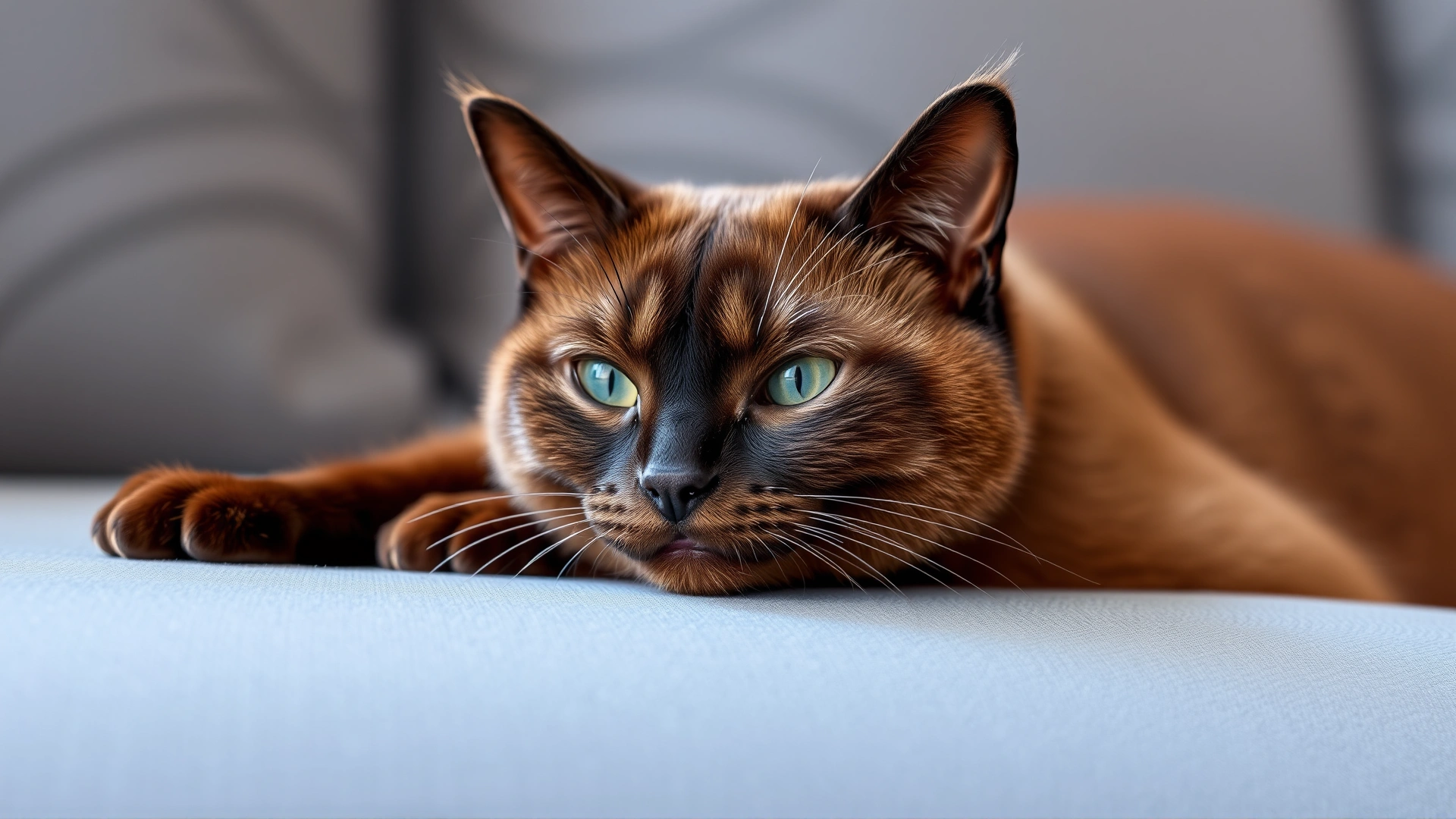 Chocolate-colored Burmese cat lying comfortably on a sofa, looking content, high-resolution photo