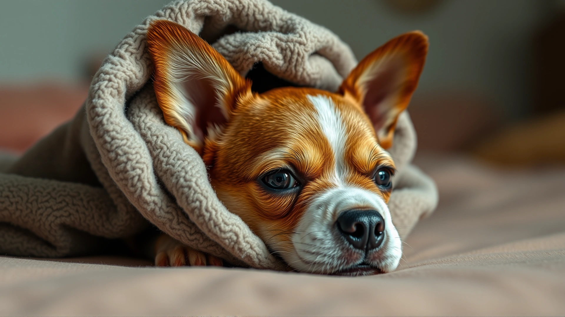 Small dog tucked under a blanket with only its nose peeking out, warm bedroom lighting