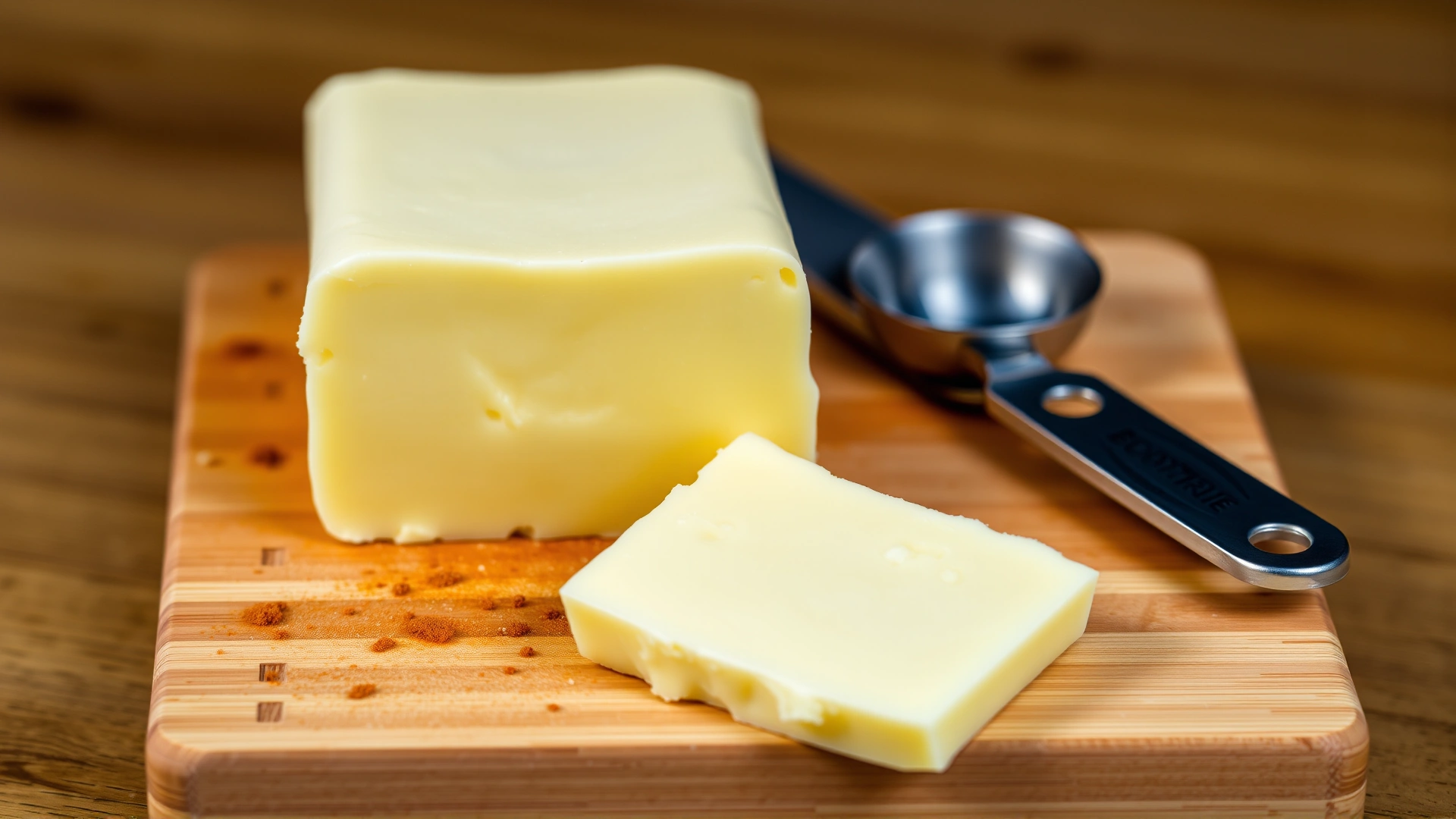 Close-up of a block of butter with a slice cut off and a measuring spoon beside it on a wooden cutting board