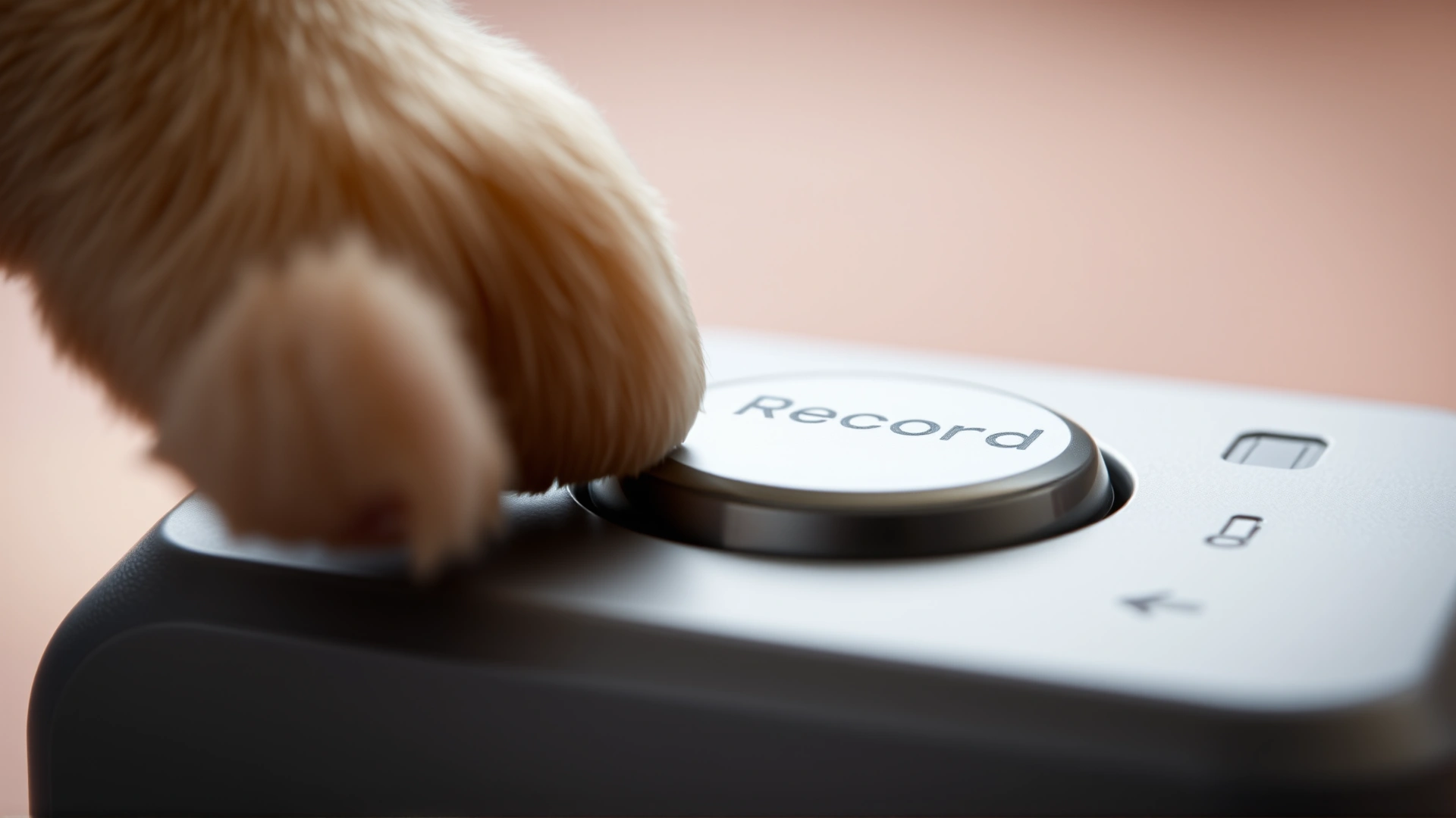 Close-up macro photograph of a single recordable talking button with a paw about to press it, blurred background.