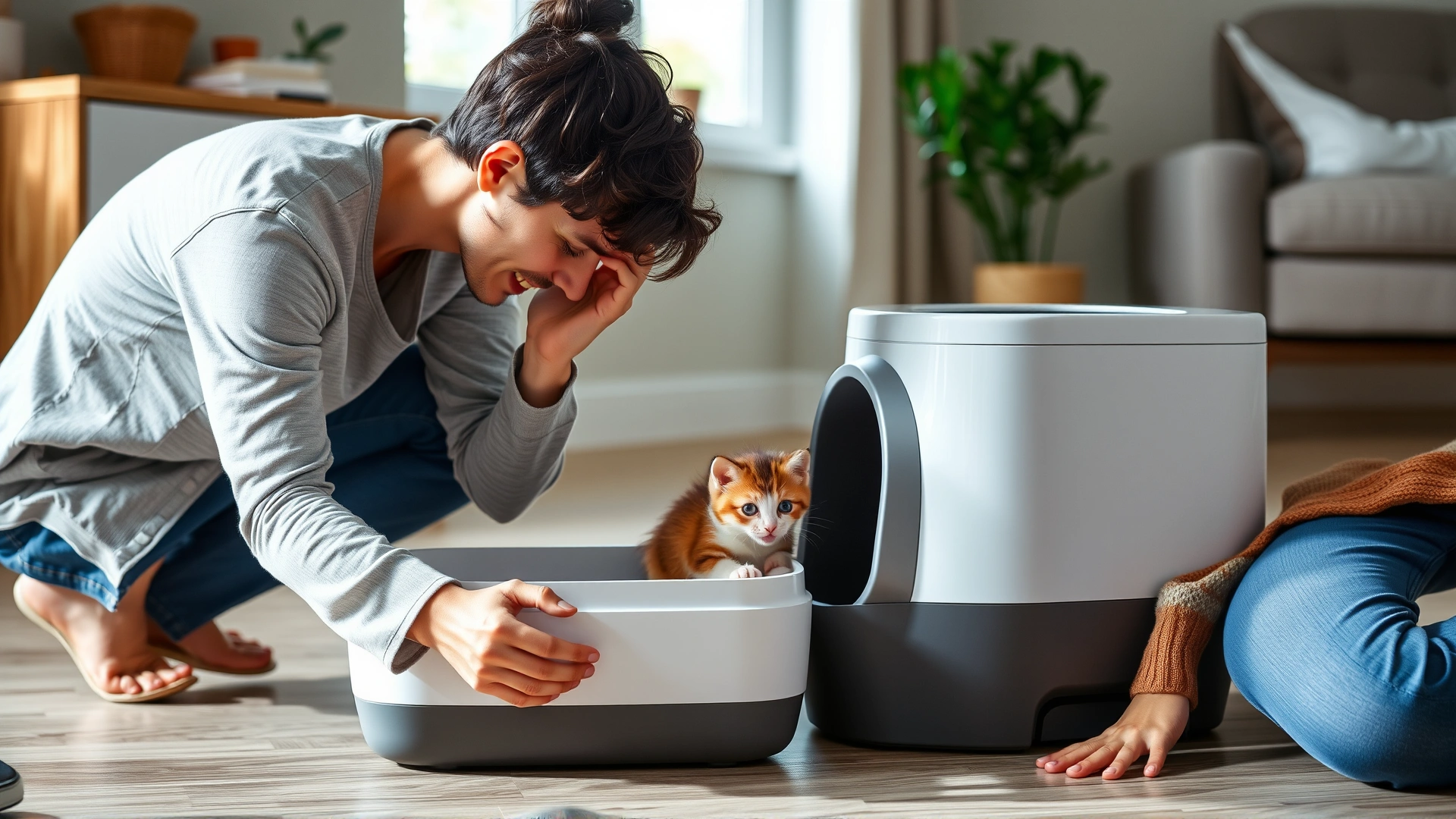Owner kneeling beside an automatic litter box, gently encouraging a playful kitten to explore it, bright indoor lighting.