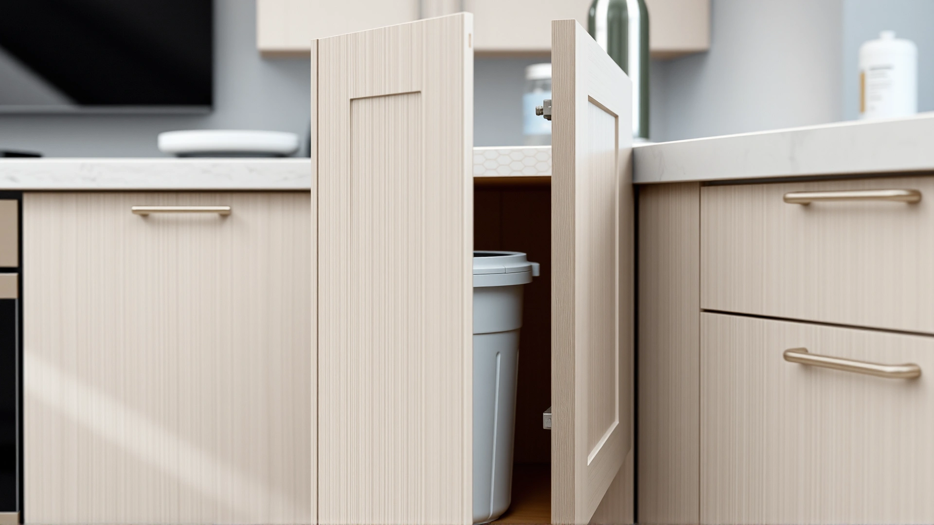 Kitchen cabinet door slightly ajar revealing a trash can inside, fitted with a child safety lock, modern kitchen backdrop.