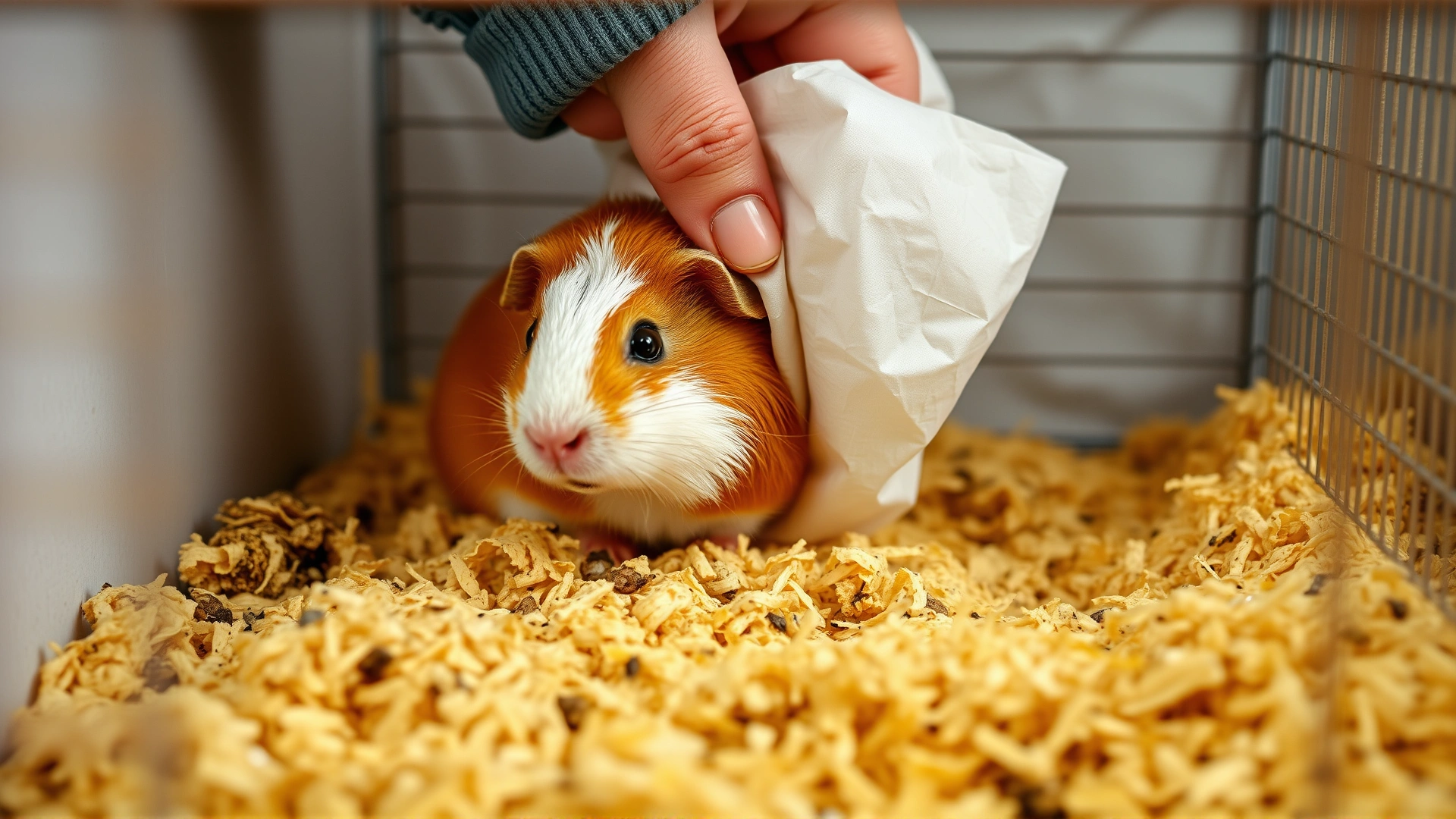 Person replacing soiled bedding with clean paper-based bedding inside a guinea pig cage, focus on cleanliness