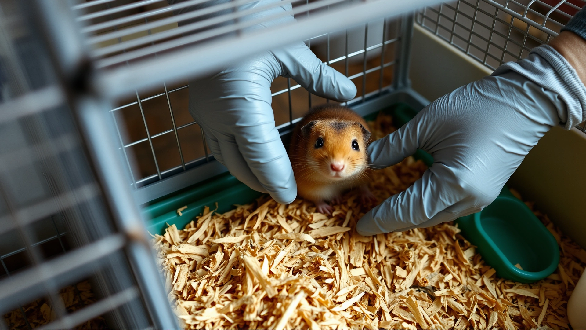 Person wearing gloves while removing soiled bedding from a hamster cage and replacing it with fresh wood shavings