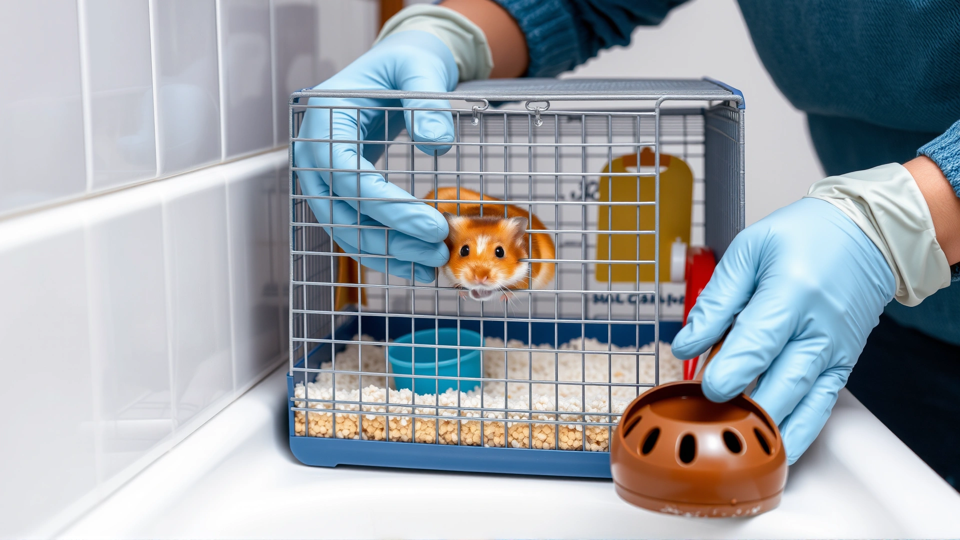 Person wearing gloves cleaning a hamster cage, replacing bedding and washing accessories in sink, concept of pet hygiene
