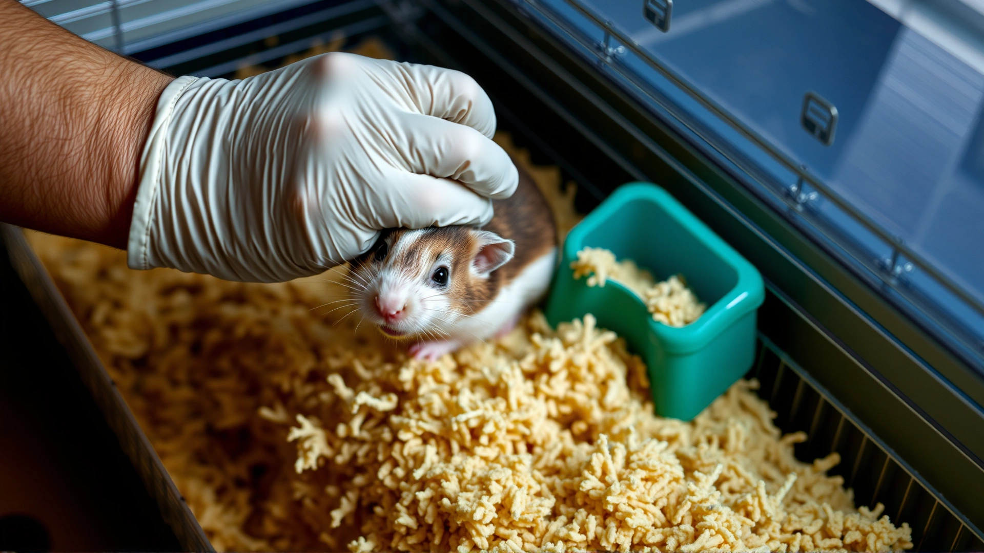 Photo of a person wearing gloves thoroughly cleaning a hamster cage and replacing bedding to illustrate hygiene practices.