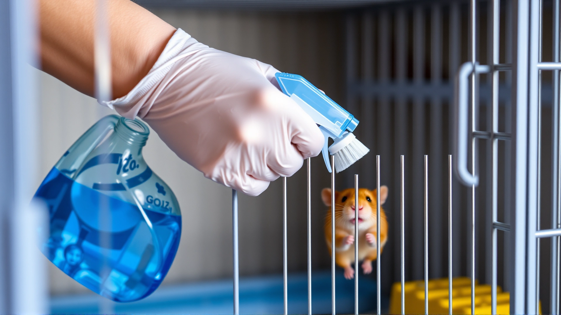 Person wearing disposable gloves disinfecting a hamster cage with a spray bottle and brush, focus on hands and cage bars.