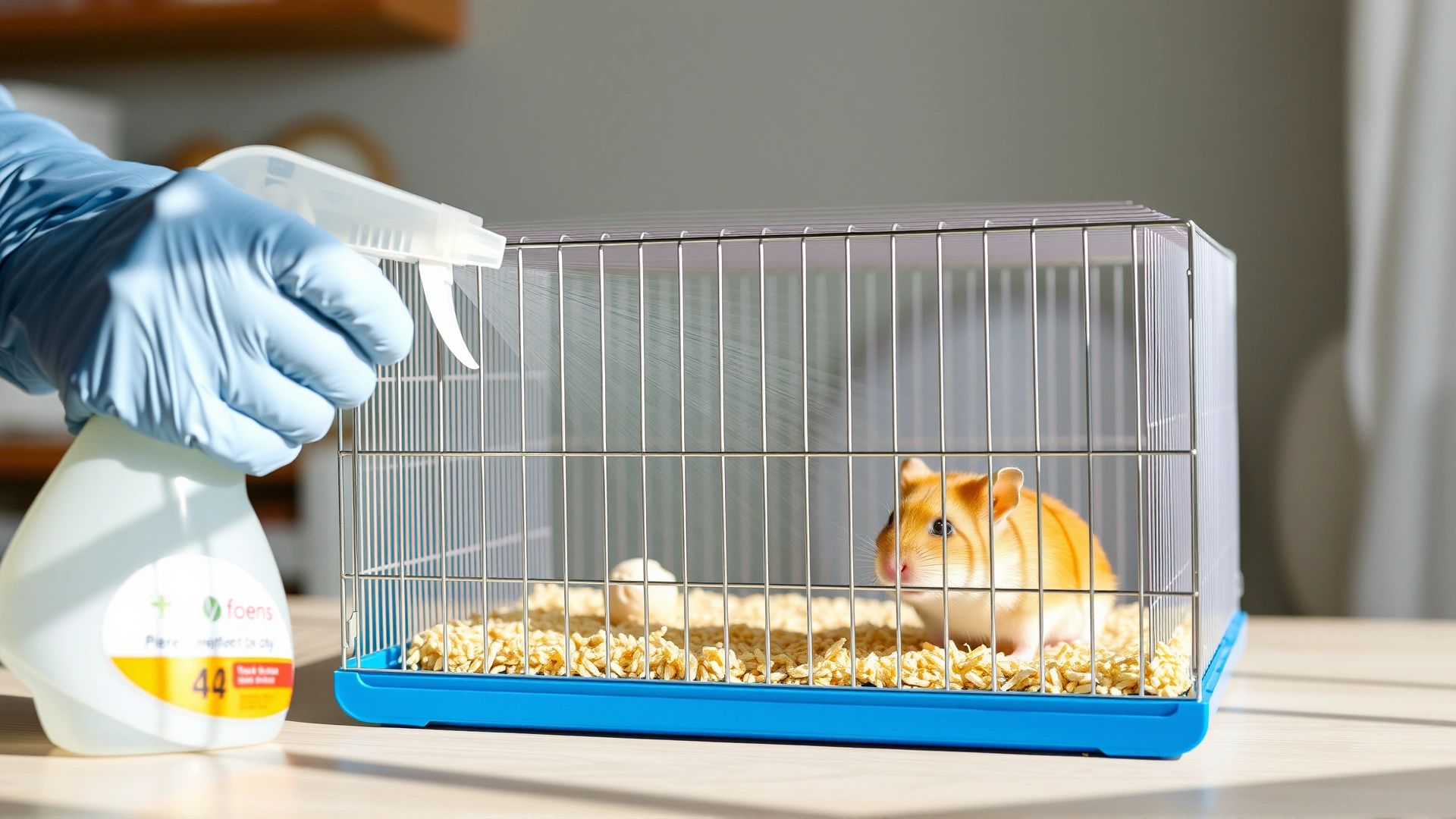 Pet owner wearing gloves disinfecting a hamster cage with spray, bright and clean home environment