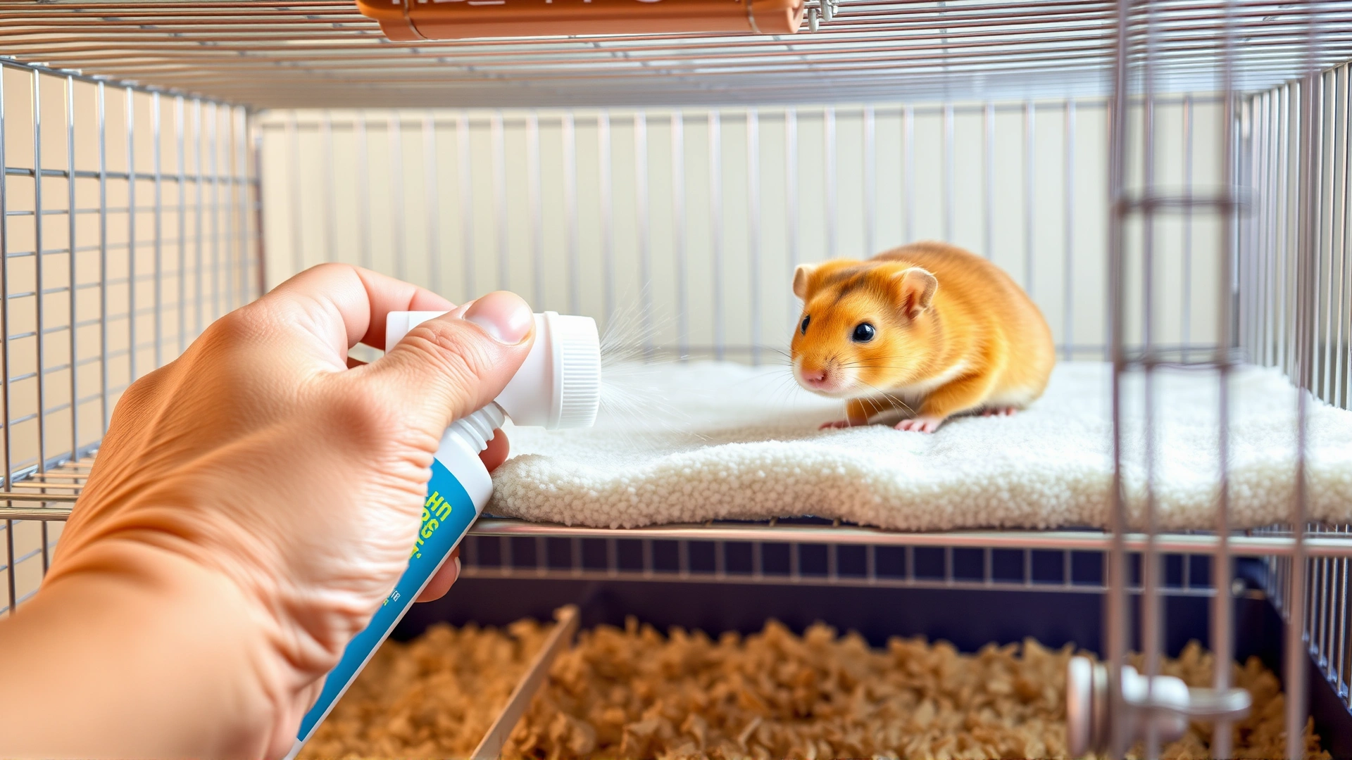 Hands cleaning a hamster cage with safe pet-friendly disinfectant, fresh bedding in view