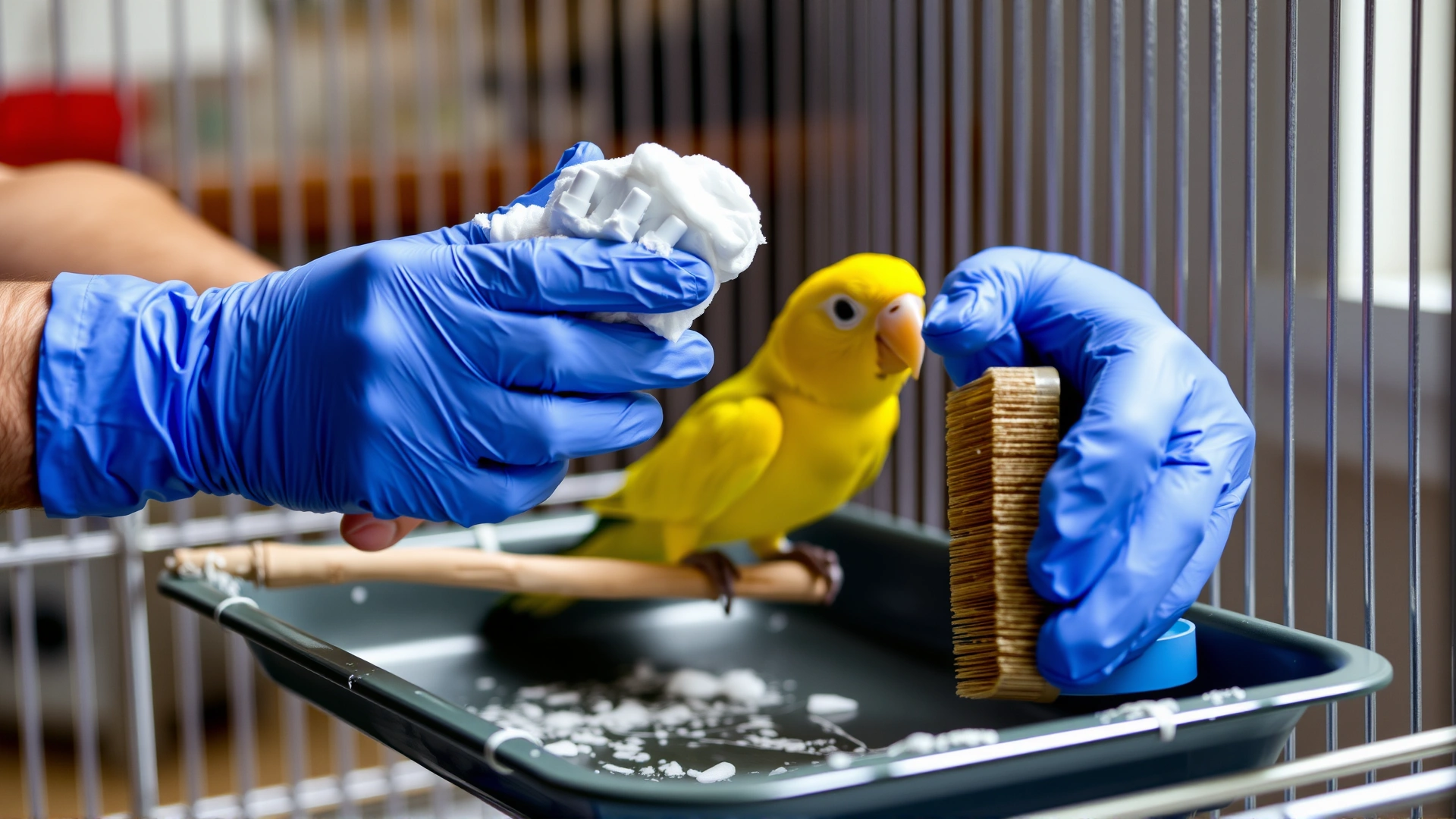 Person wearing gloves scrubbing a bird perch and cage tray with mild soap and brush, bright well-lit environment.