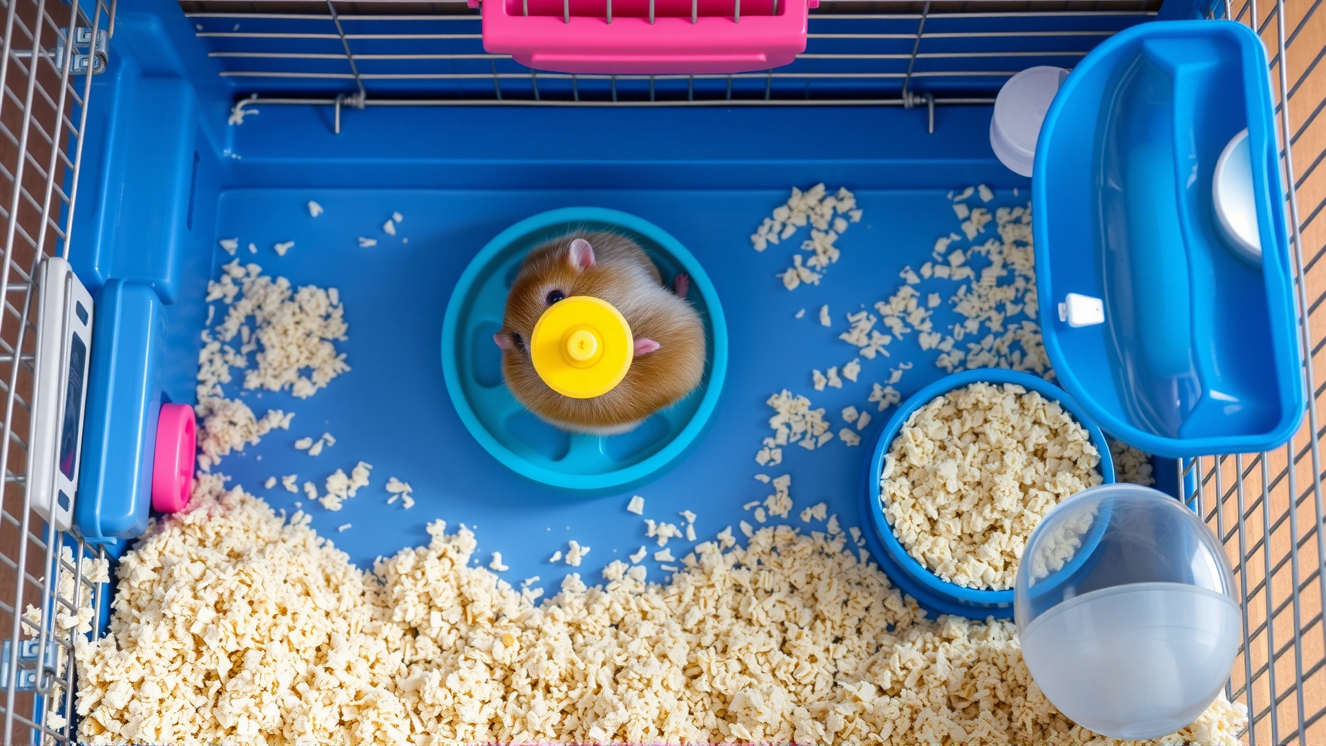 Top view of a well-maintained hamster cage with fresh bedding, wheel, and water bottle, illustrating preventive hygiene.