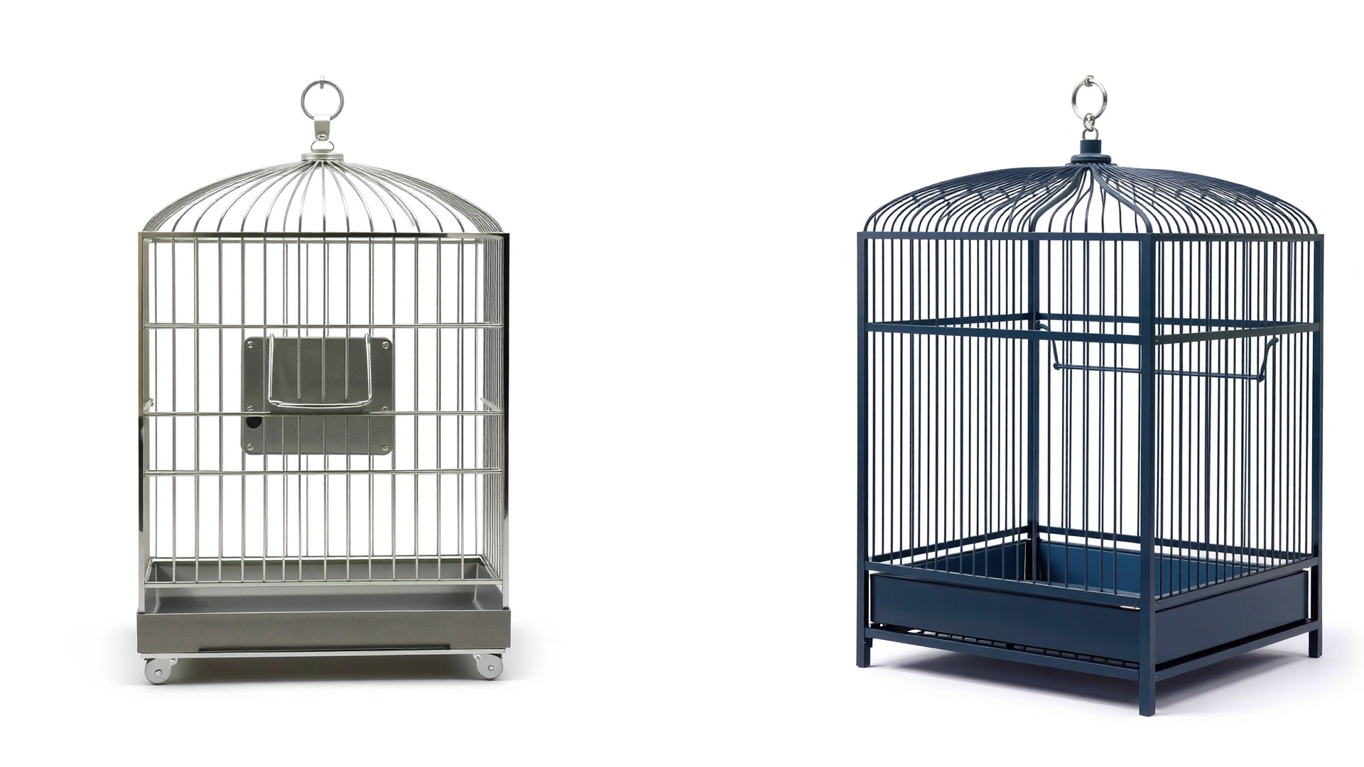 Side-by-side view of two bird cages: one stainless steel and one powder-coated, set on a white background; no text.