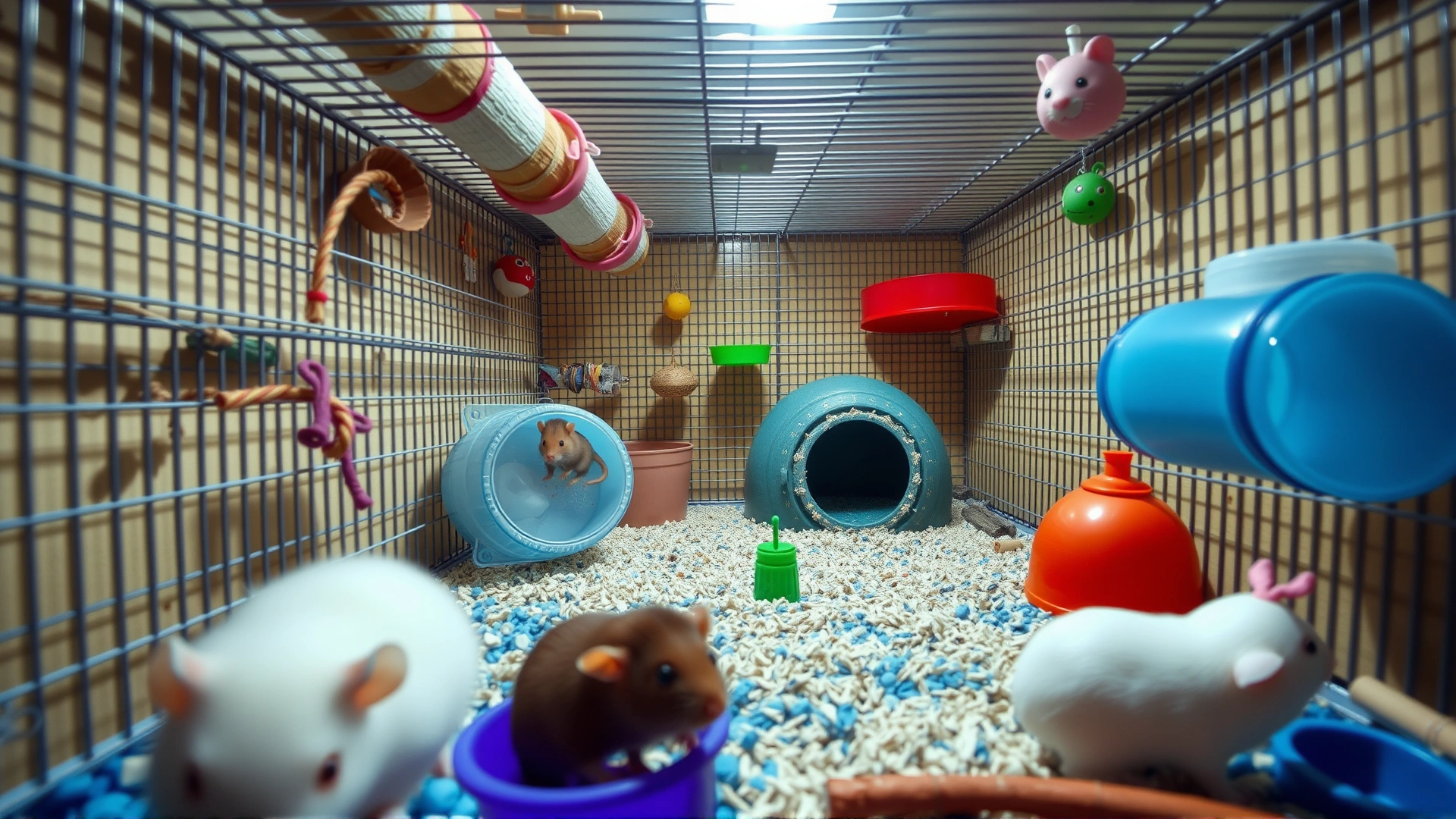 Well-equipped spacious rat cage with tunnels, toys, and water bottle, shot from eye level