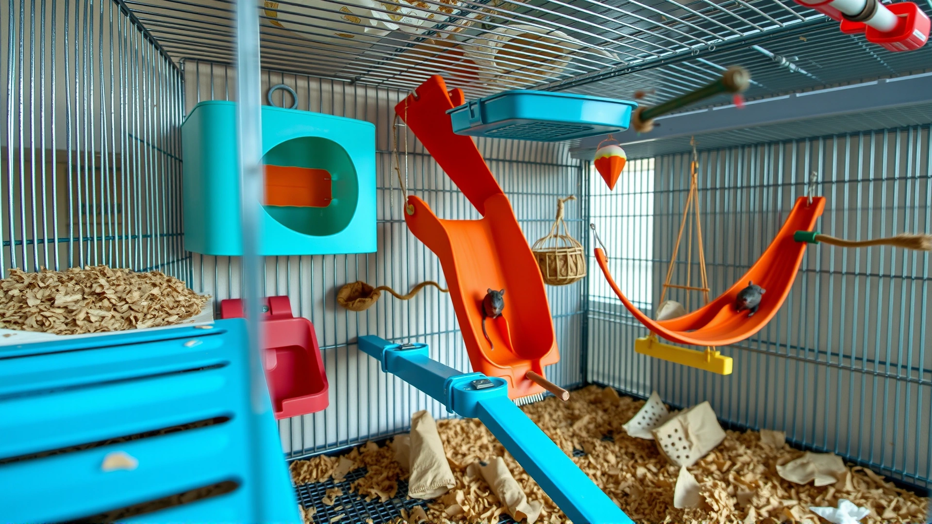 Wide shot of a multi-level wire rat cage with colorful ramps, hammocks, and paper bedding, captured in natural indoor lighting with no text on image