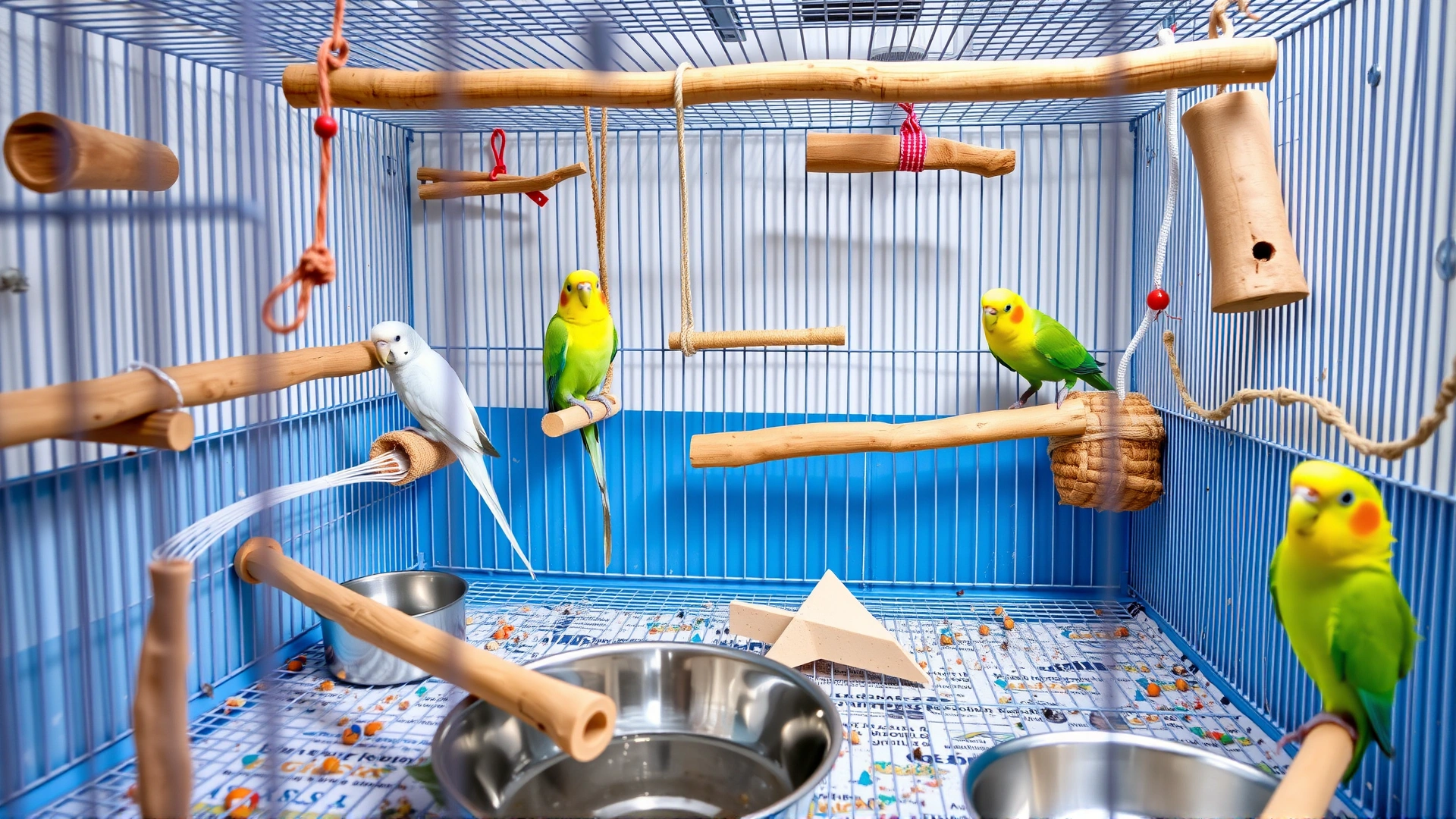 Spacious parakeet cage setup with various natural wood perches, safe toys, cuttlebone, and stainless-steel food dishes, clean and well-lit environment