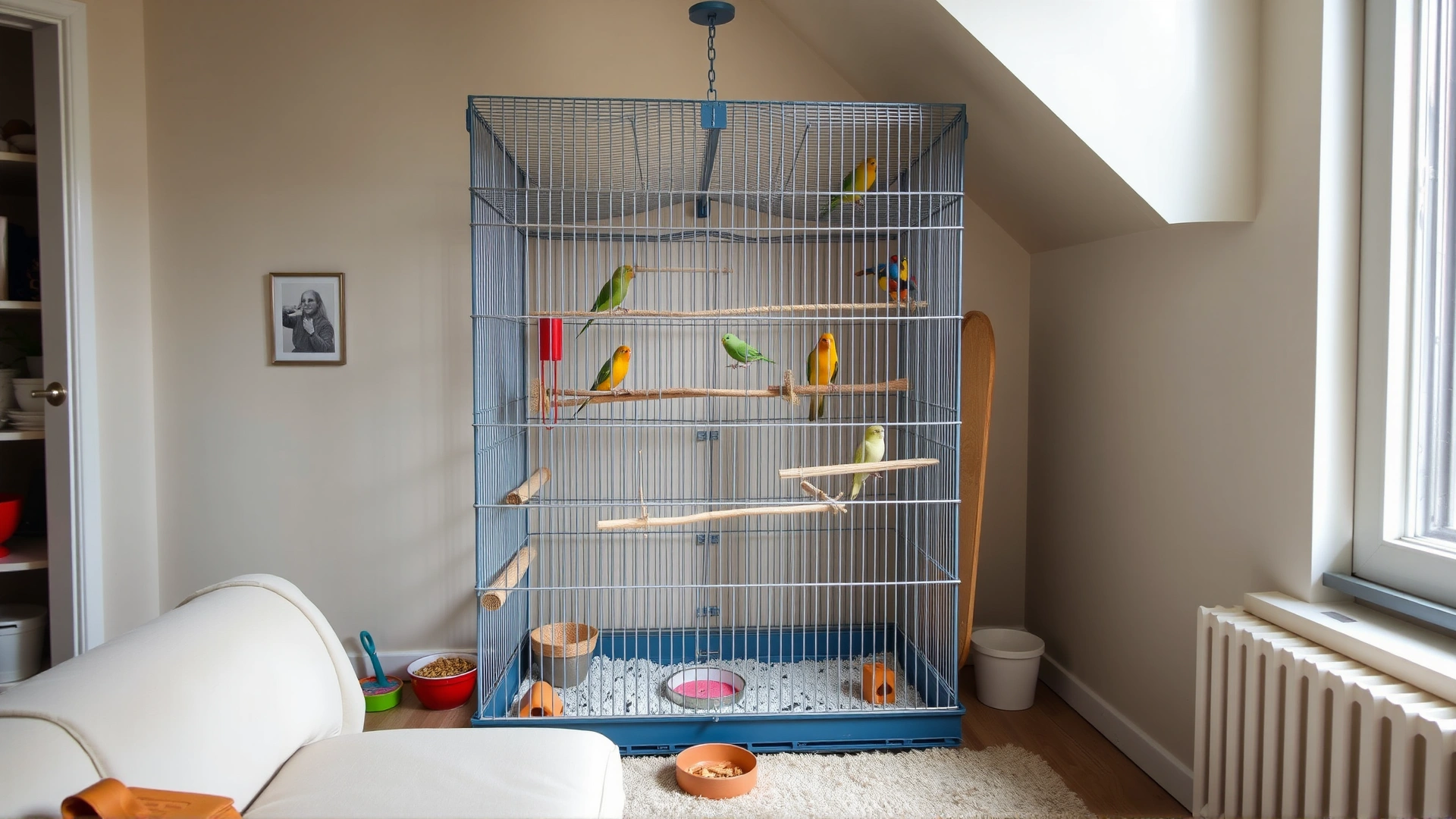 Spacious bird cage set up in a well-lit apartment corner, filled with multiple perches, toys, and food dishes—no text in view.