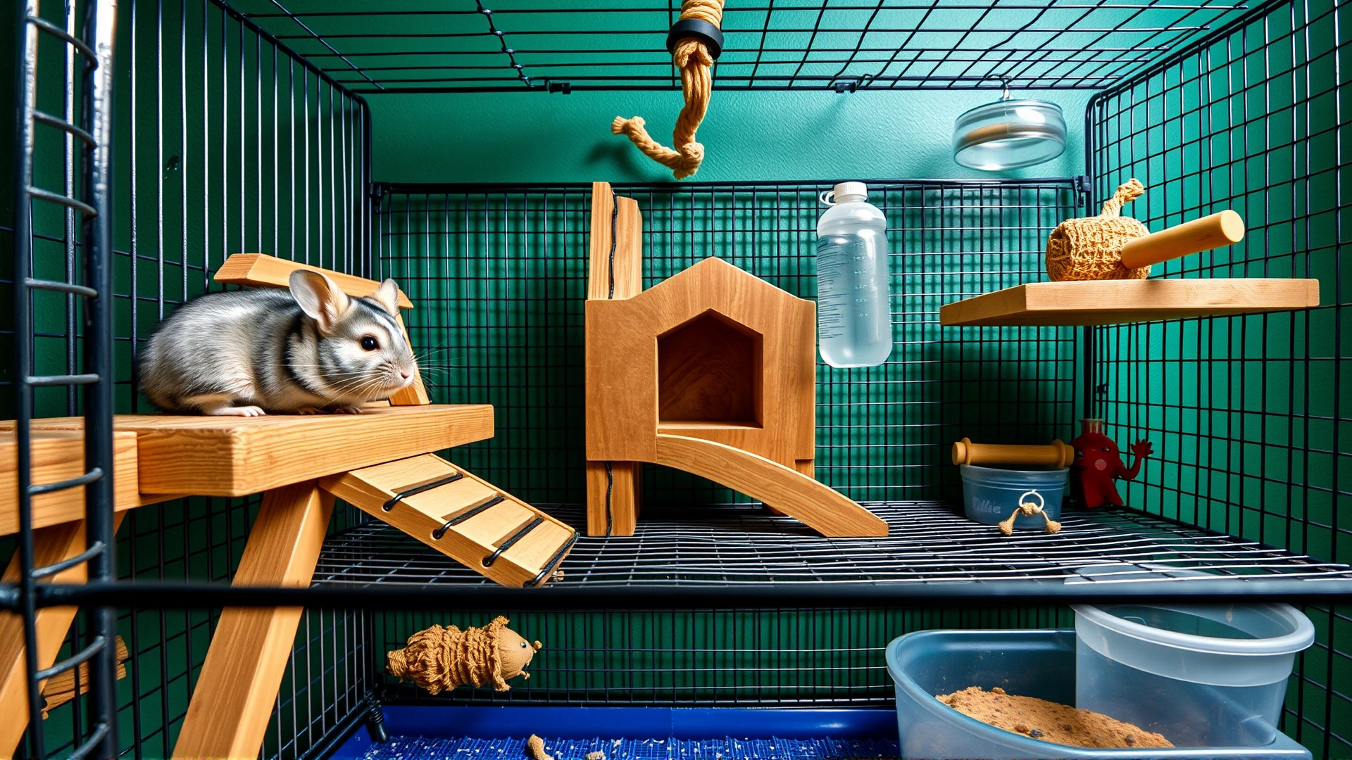 Multi-level wire cage setup for a chinchilla, featuring wooden ledges, ramps, a hideout, chew toys, water bottle, and a dust bath container, shot from eye-level