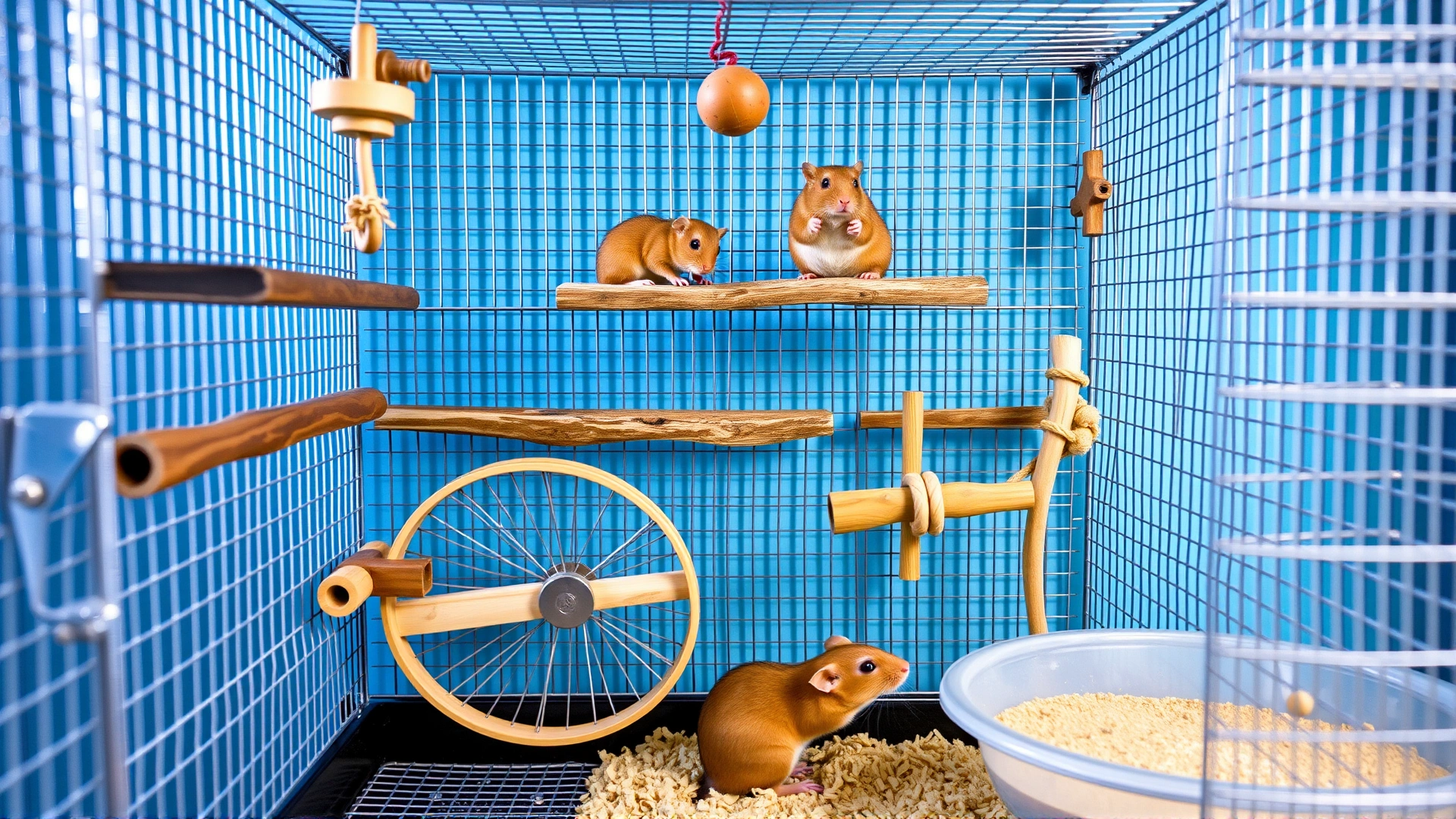 Multi-level wire cage for degus with shelves, wheel, wooden chew toys, and a sand bath, photographed front-on