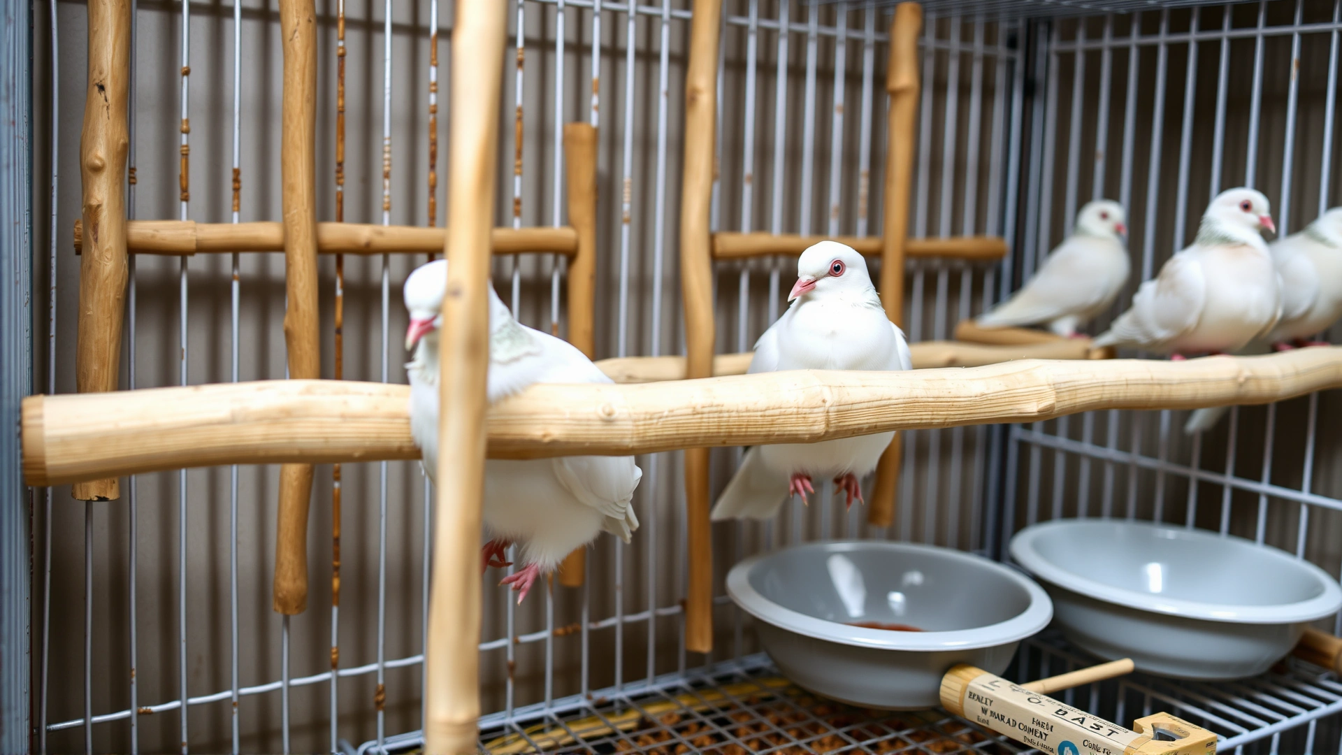 Detailed shot of a rectangular dove cage with multiple natural wooden perches, a shallow bath dish, and food bowls