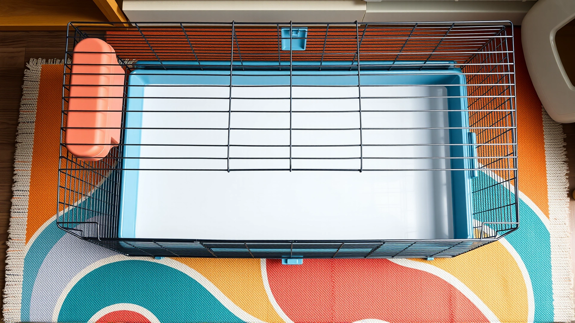 Overhead view of a large open-top guinea pig cage placed on a colorful mat, showing generous floor space without any text