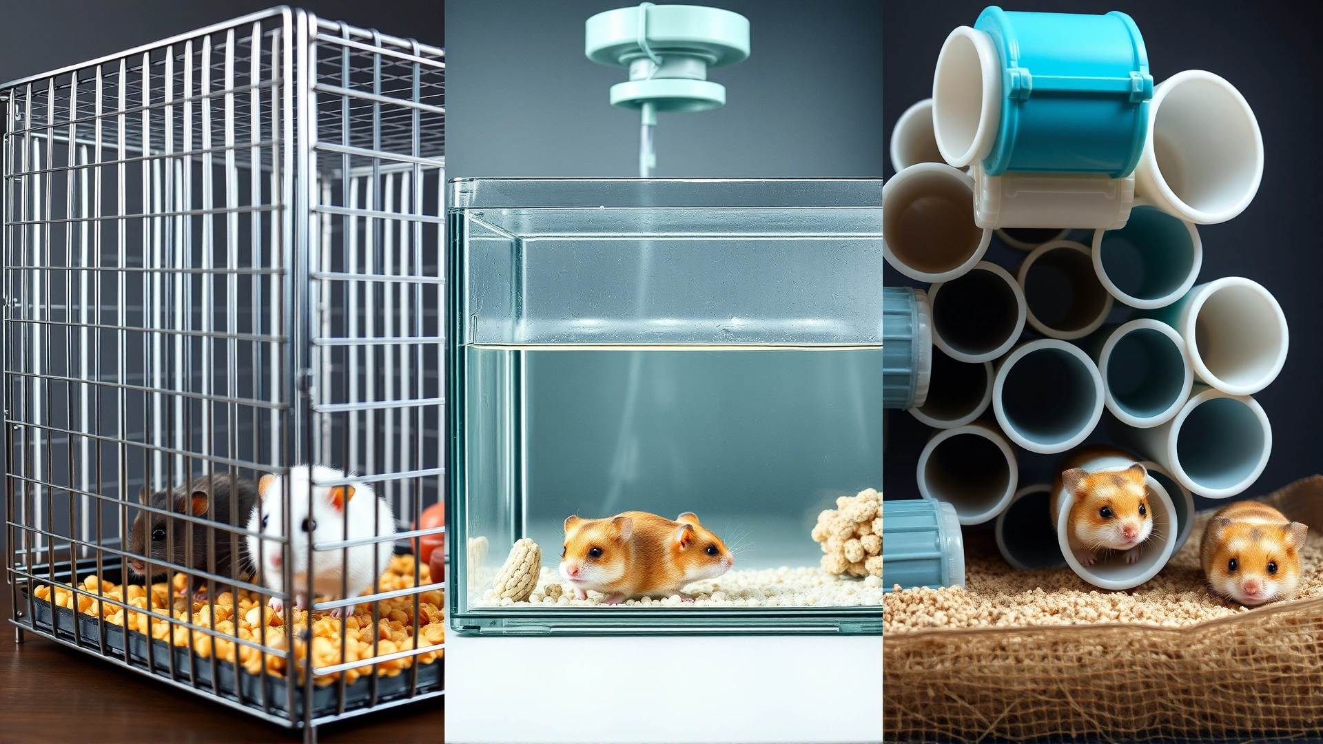 Side-by-side composition showing three different hamster cage setups (wire cage, glass aquarium, and modular plastic tubes), each with a dwarf hamster exploring inside, taken under consistent neutral lighting.