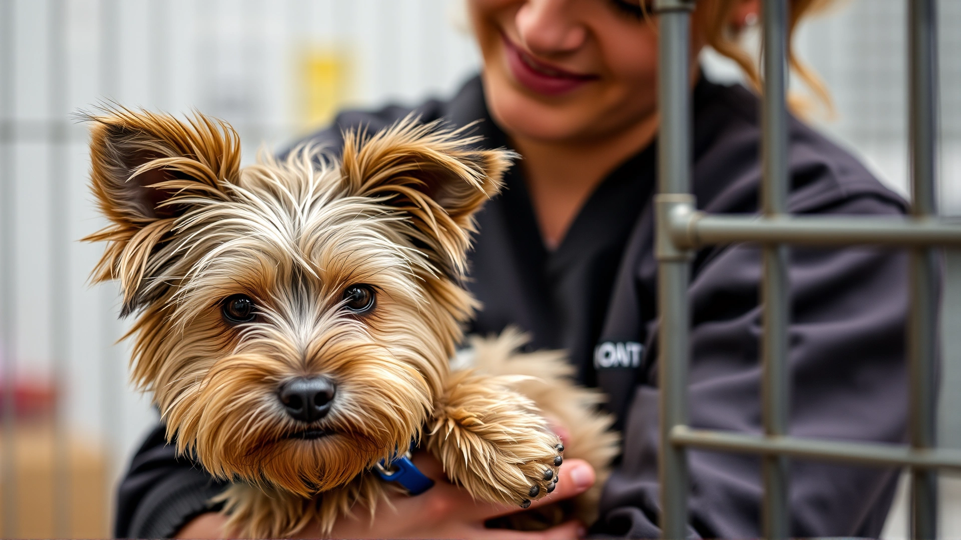 Cairn Terrier rescue volunteer cuddling a rescued Cairn Terrier at an animal shelter