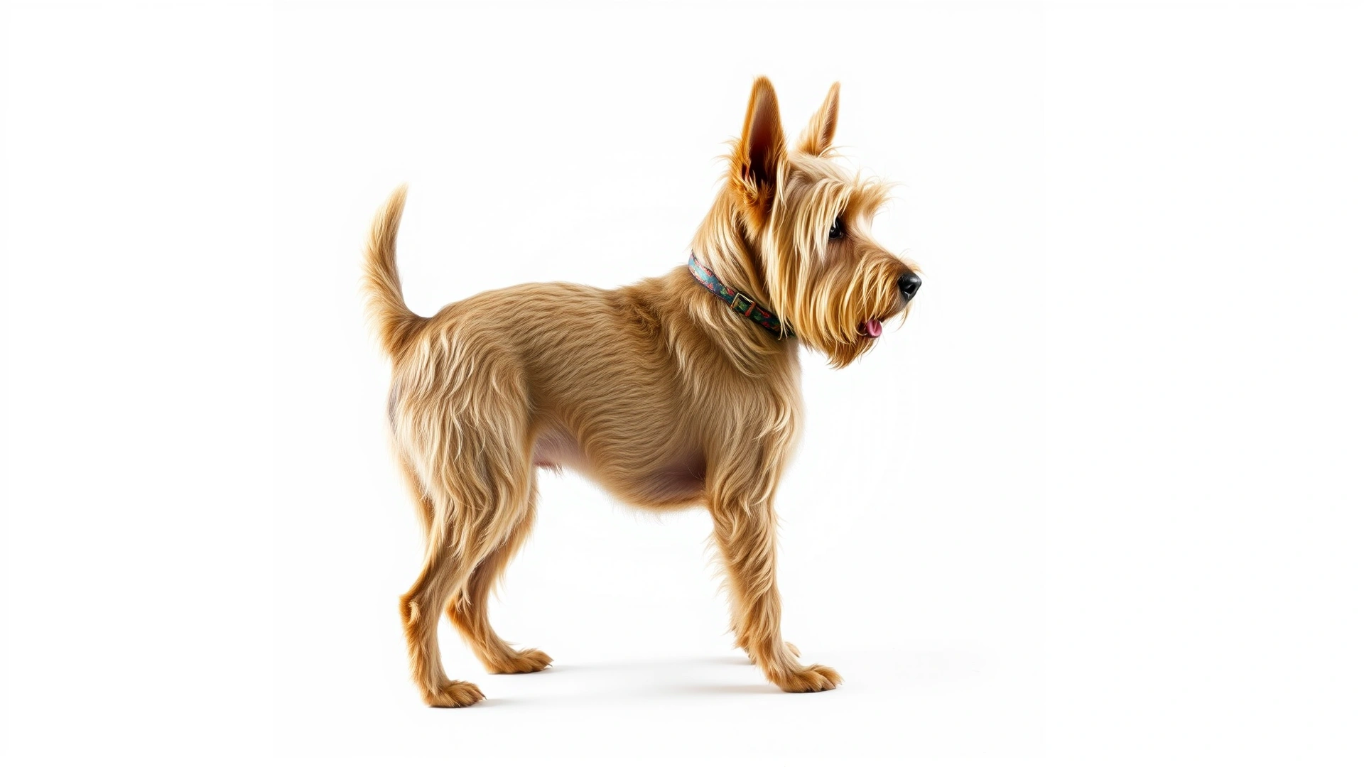 Side profile of an adult Cairn Terrier standing on a white background showcasing size and coat texture