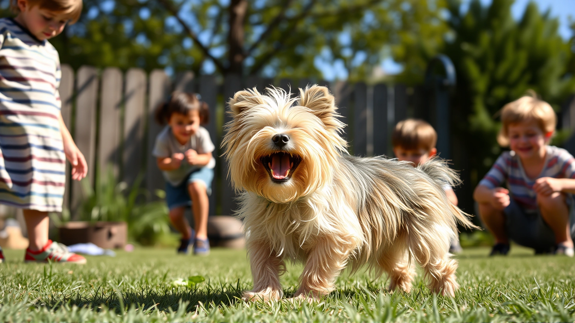Cairn Terrier joyfully playing with children in a fenced backyard on a sunny afternoon