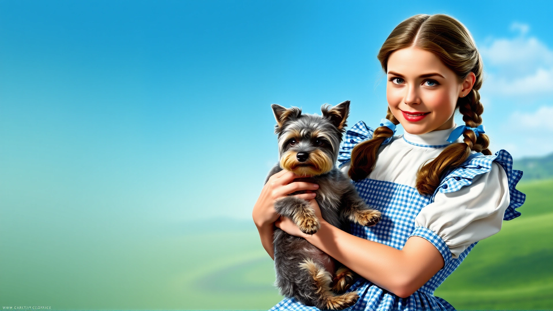 Classic movie poster–style image of Dorothy holding Toto the Cairn Terrier from The Wizard of Oz