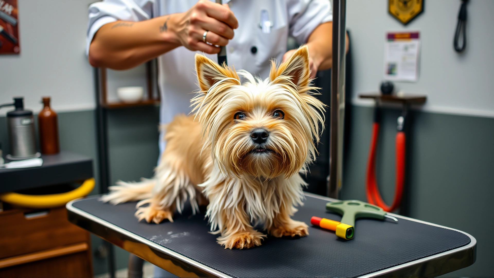 Professional groomer hand-stripping a Cairn Terrier's coat on a grooming table