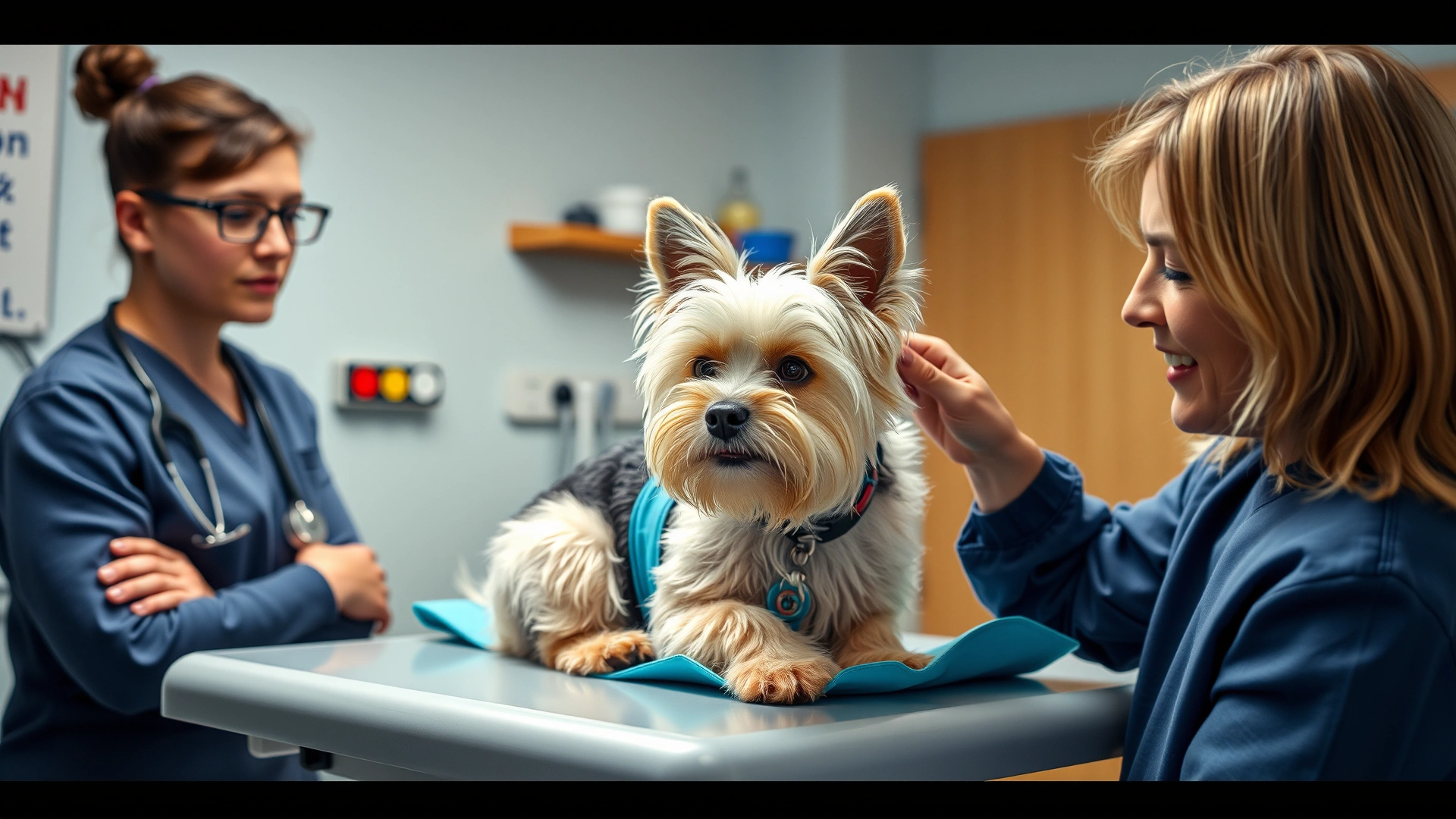 Veterinarian examining a Cairn Terrier on a clinic table while the owner watches