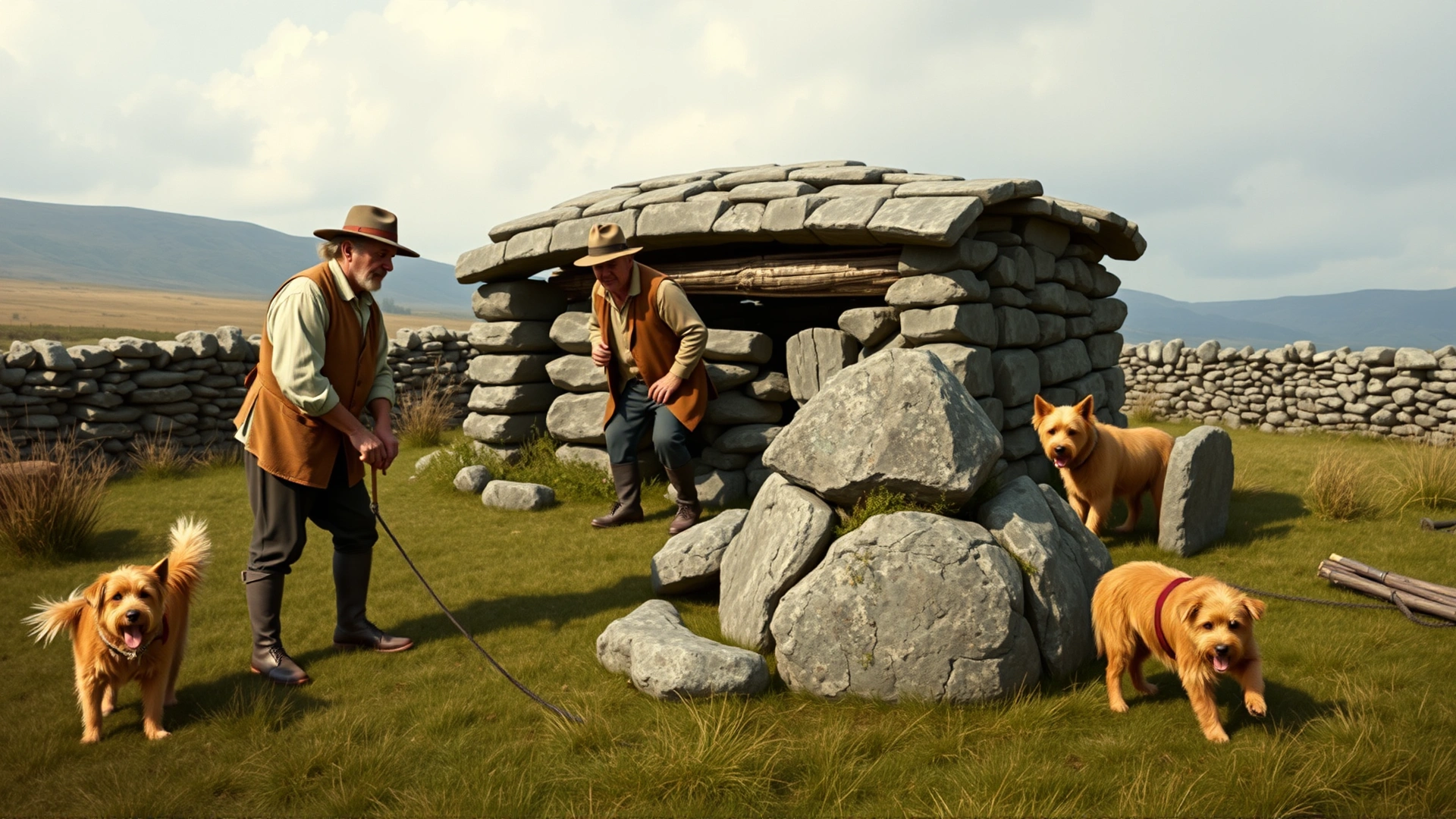Vintage-style illustration of early 19th-century Scottish farmers with Cairn Terriers working around stone cairns