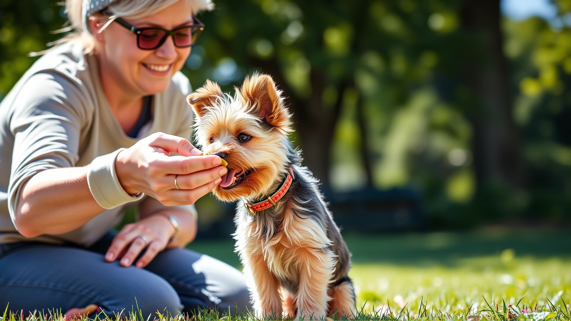 Owner rewarding a Cairn Terrier puppy with a treat during obedience training in a sunny park