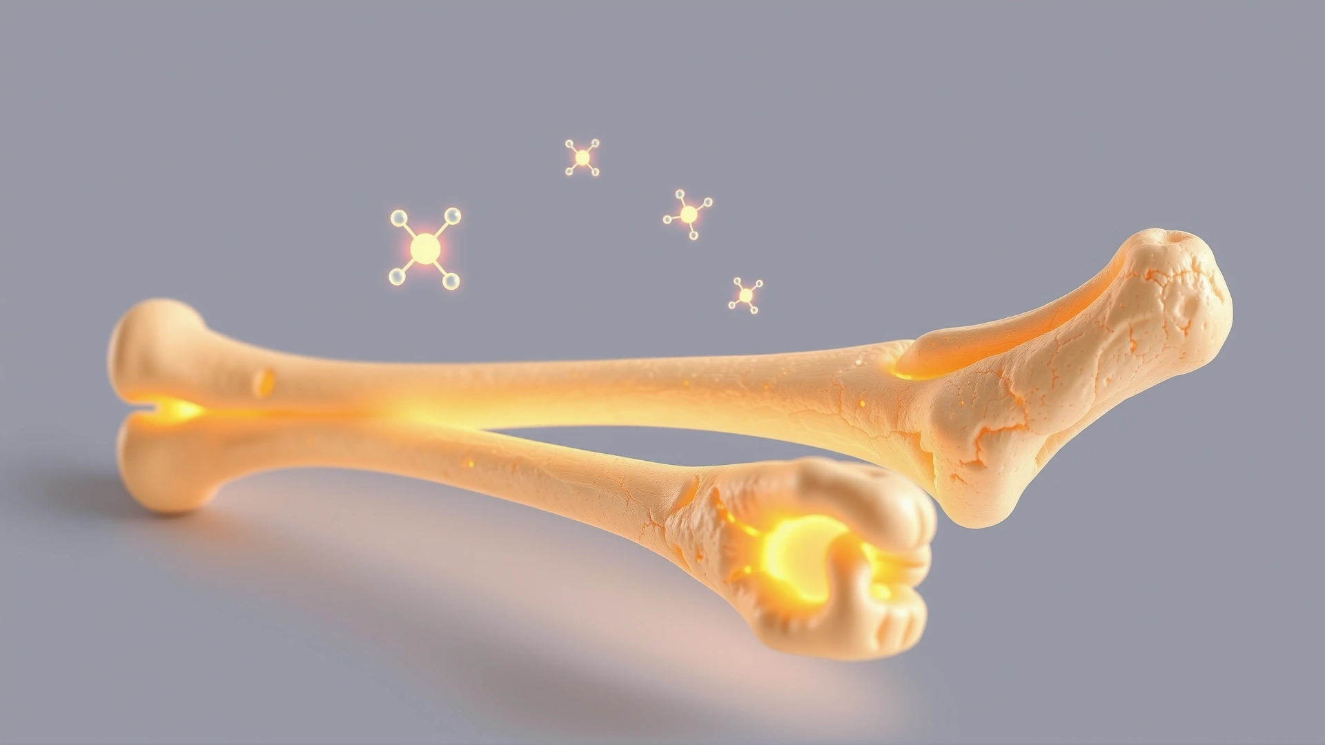 Macro artistic illustration showing cat bones lightly glowing with superimposed calcium molecule icons, soft neutral background
