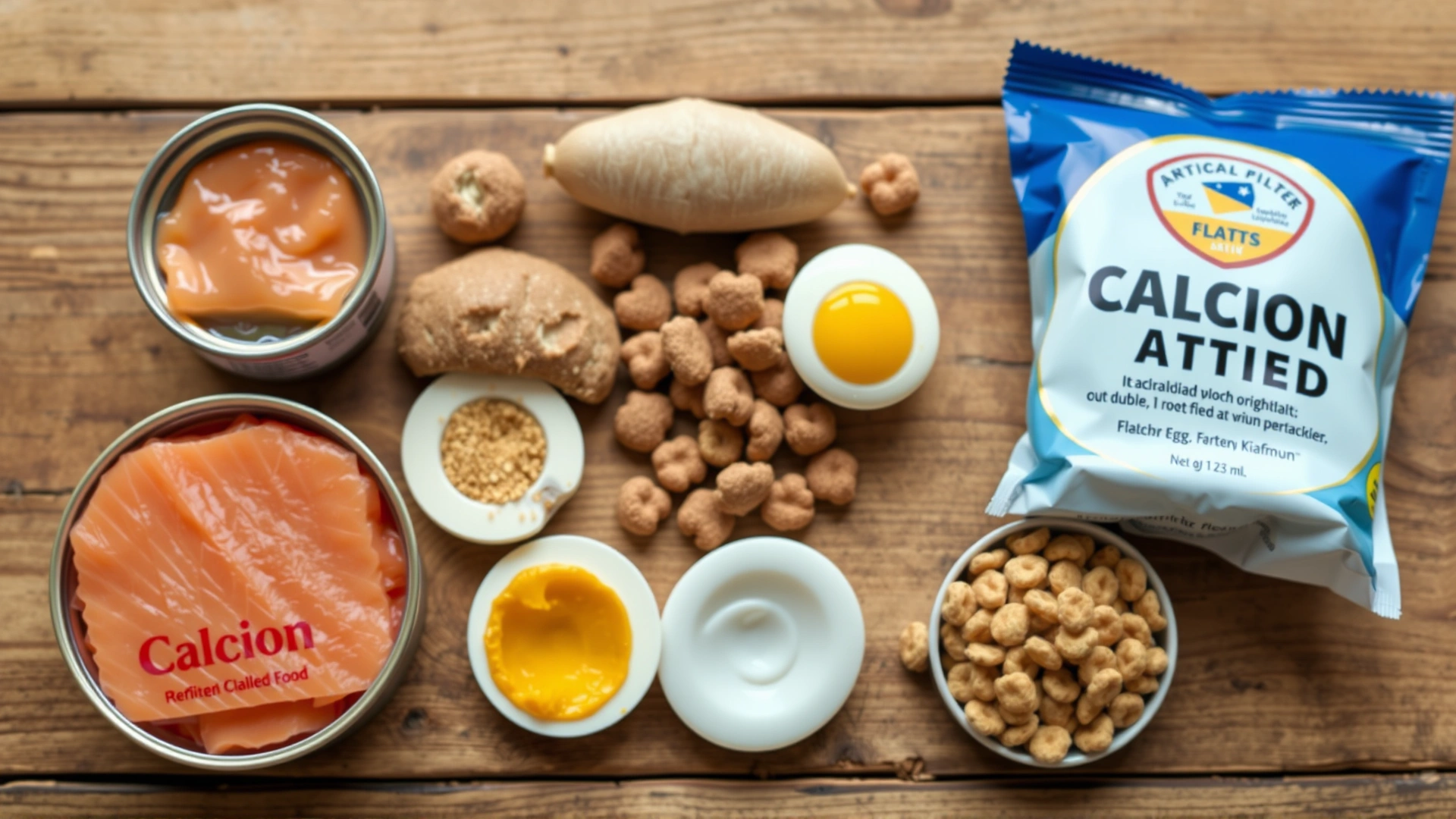 Flat lay of various calcium-rich cat foods such as canned salmon, egg yolk, fortified kibble, arranged neatly on a wooden table.