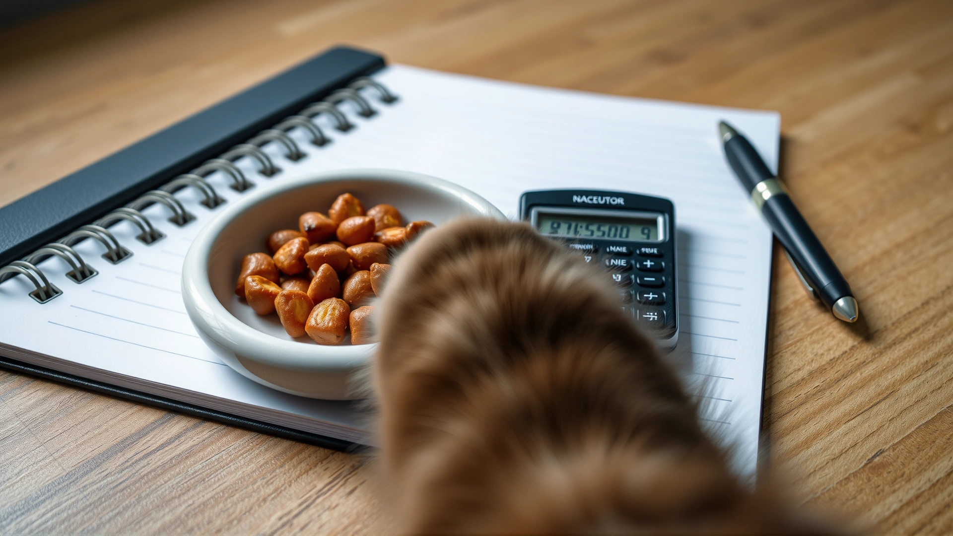 Notebook with pen and calculator beside a bowl of wet cat food, cat paw reaching into frame