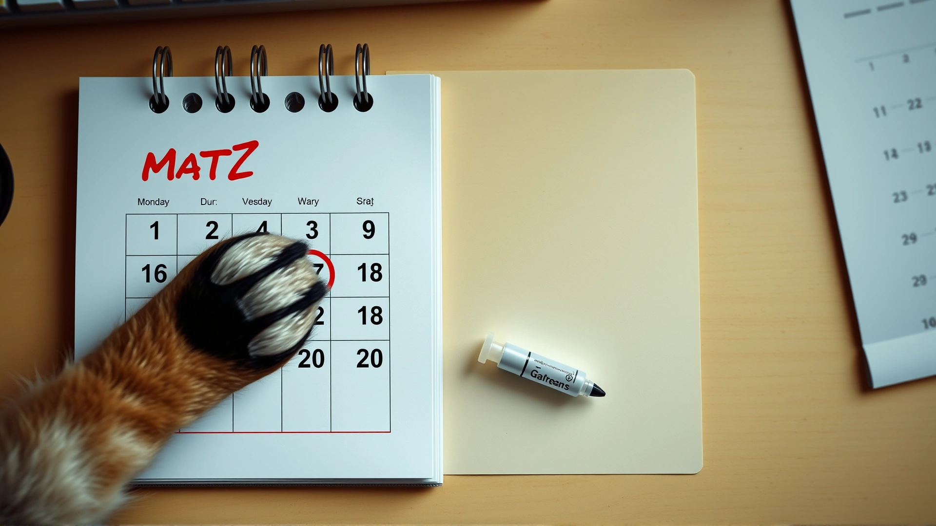 Overhead view of a desk calendar with a red circle around a date, a dog paw resting nearby and a small injection vial beside it, minimal props, no readable text