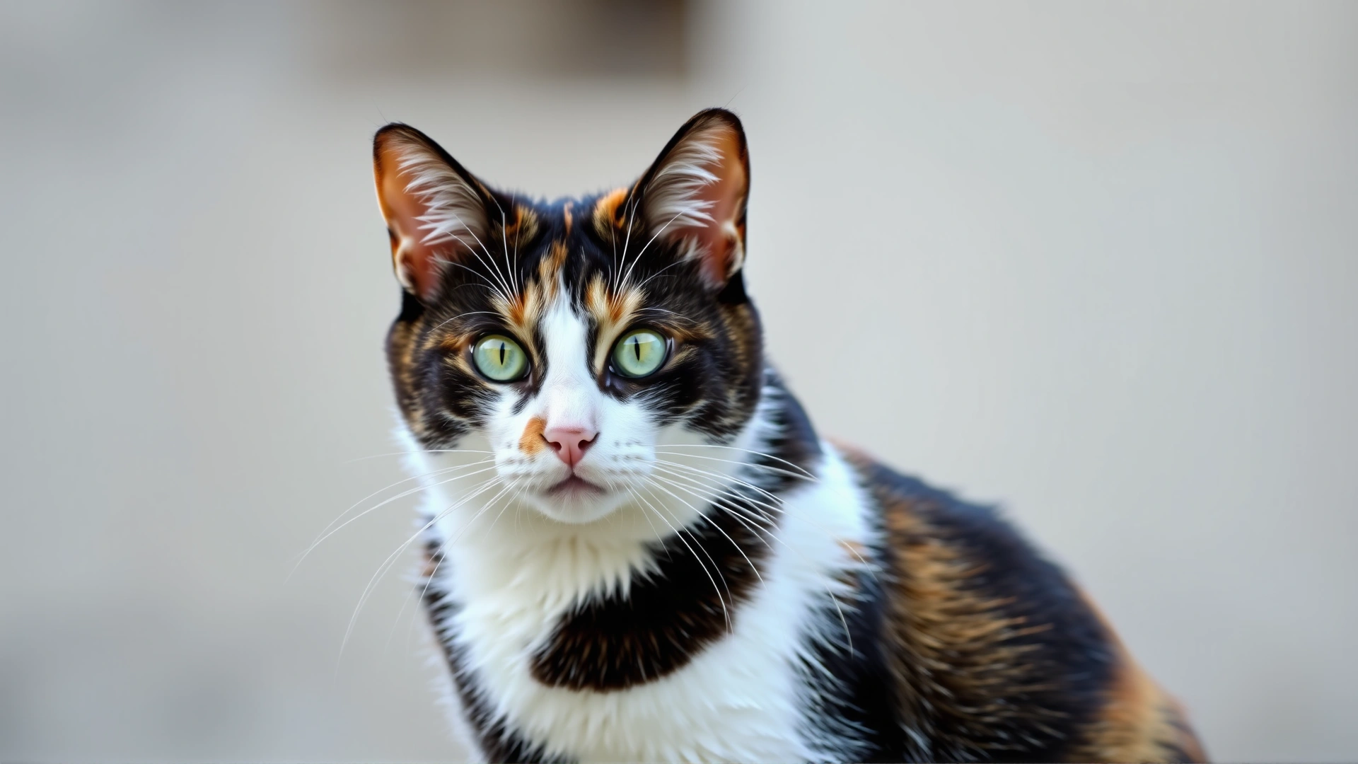 Portrait of a female calico cat with distinctive tri-color coat sitting proudly outdoors, bright natural lighting, no text
