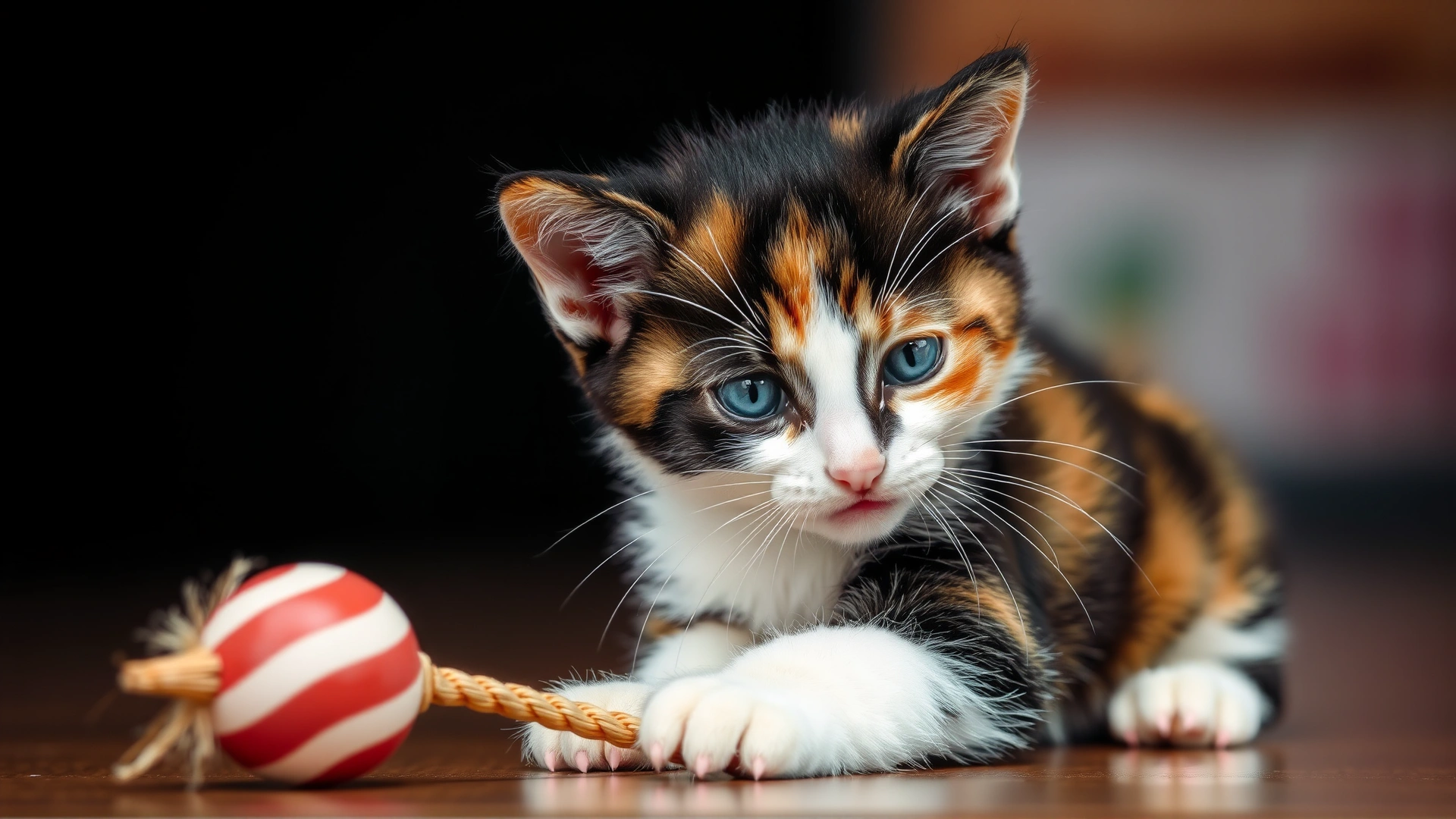 Playful calico (tricolor) kitten batting at a toy, showcasing the typical female-dominant coat pattern.