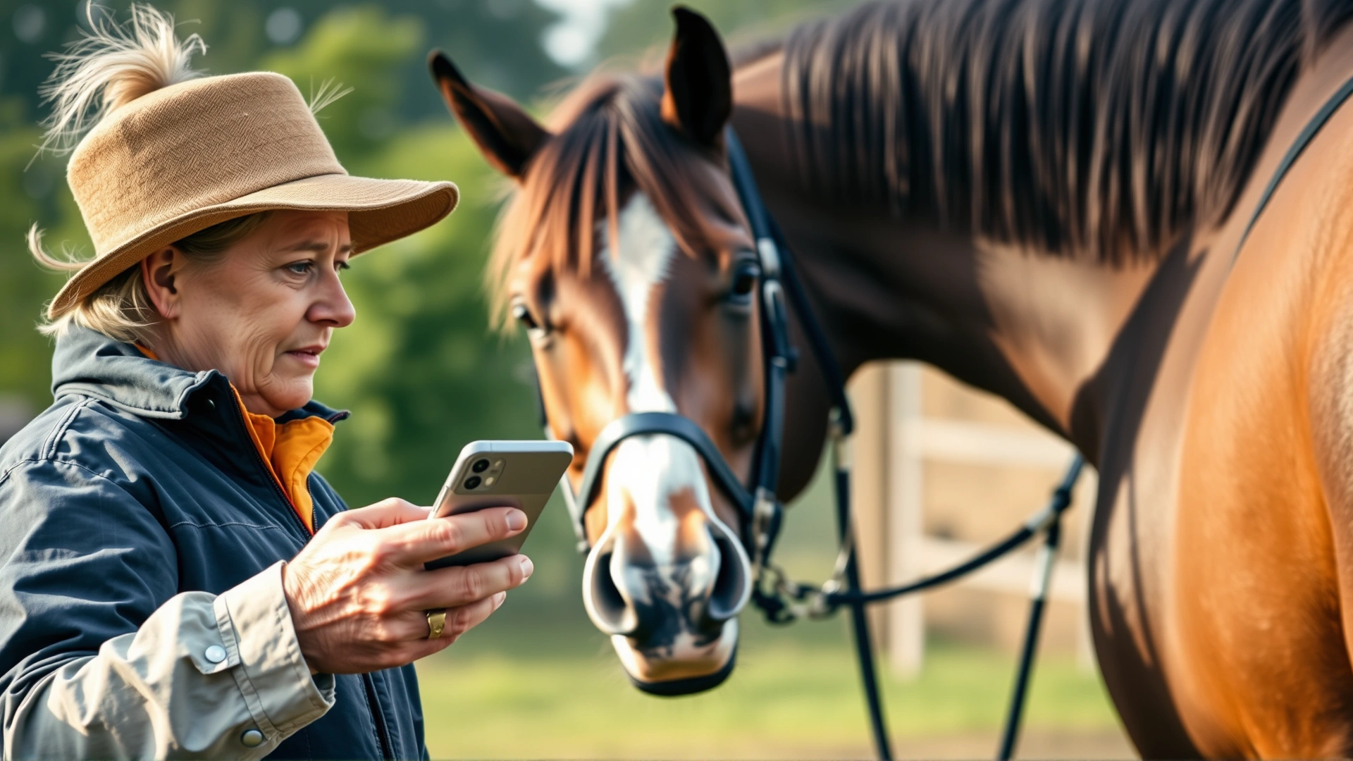 Horse owner holding a smartphone while looking concerned at a sweating horse in the background, prompt veterinary call concept