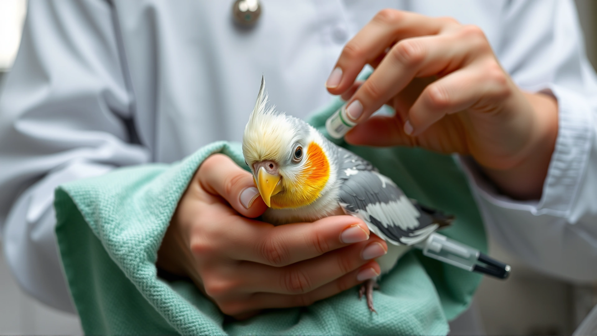 A person gently swaddling a small cockatiel in a soft towel, demonstrating safe restraint before administering medication