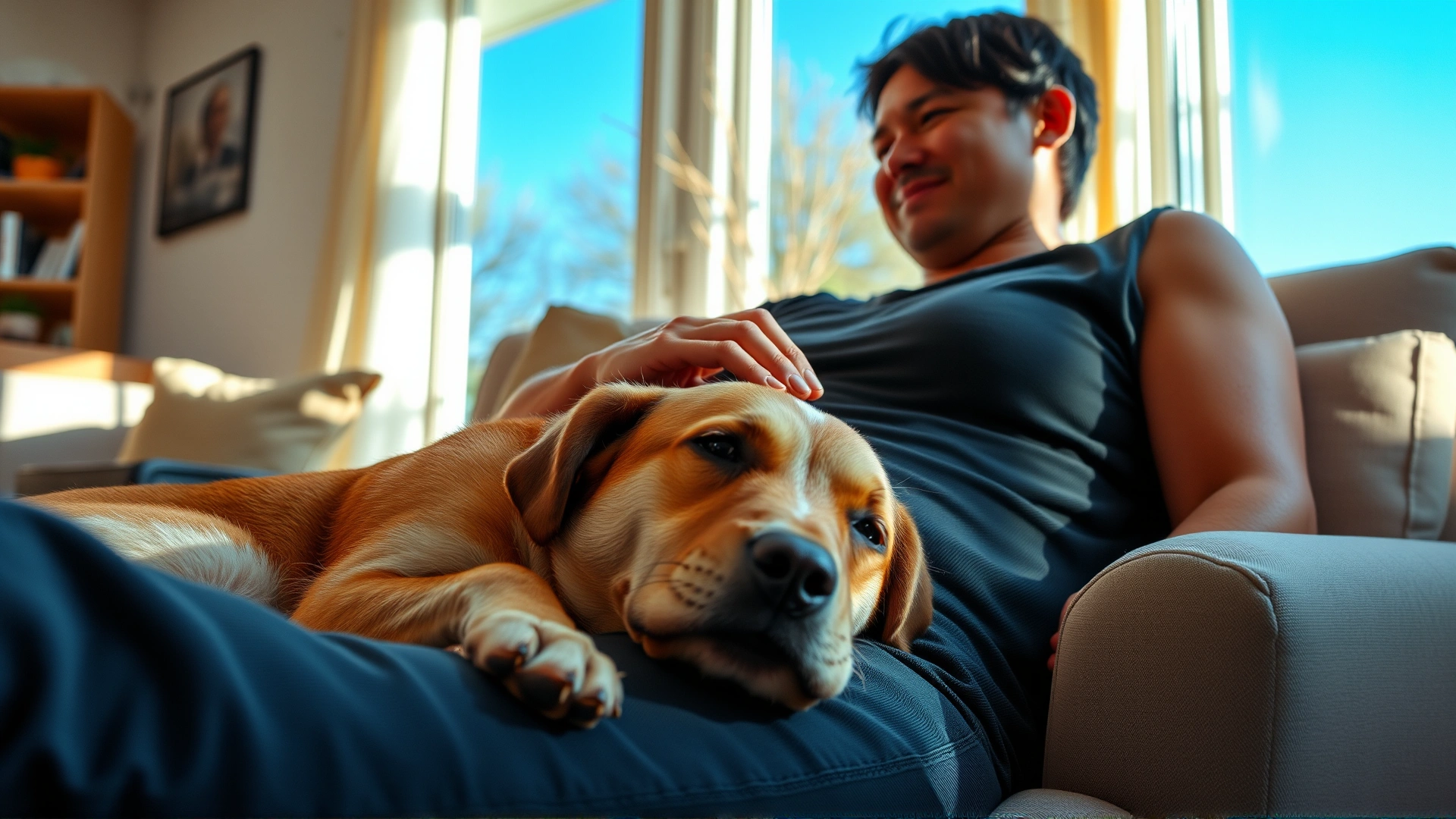 An owner gently petting a calm, relaxed dog resting its head on their lap in a sun-drenched living room