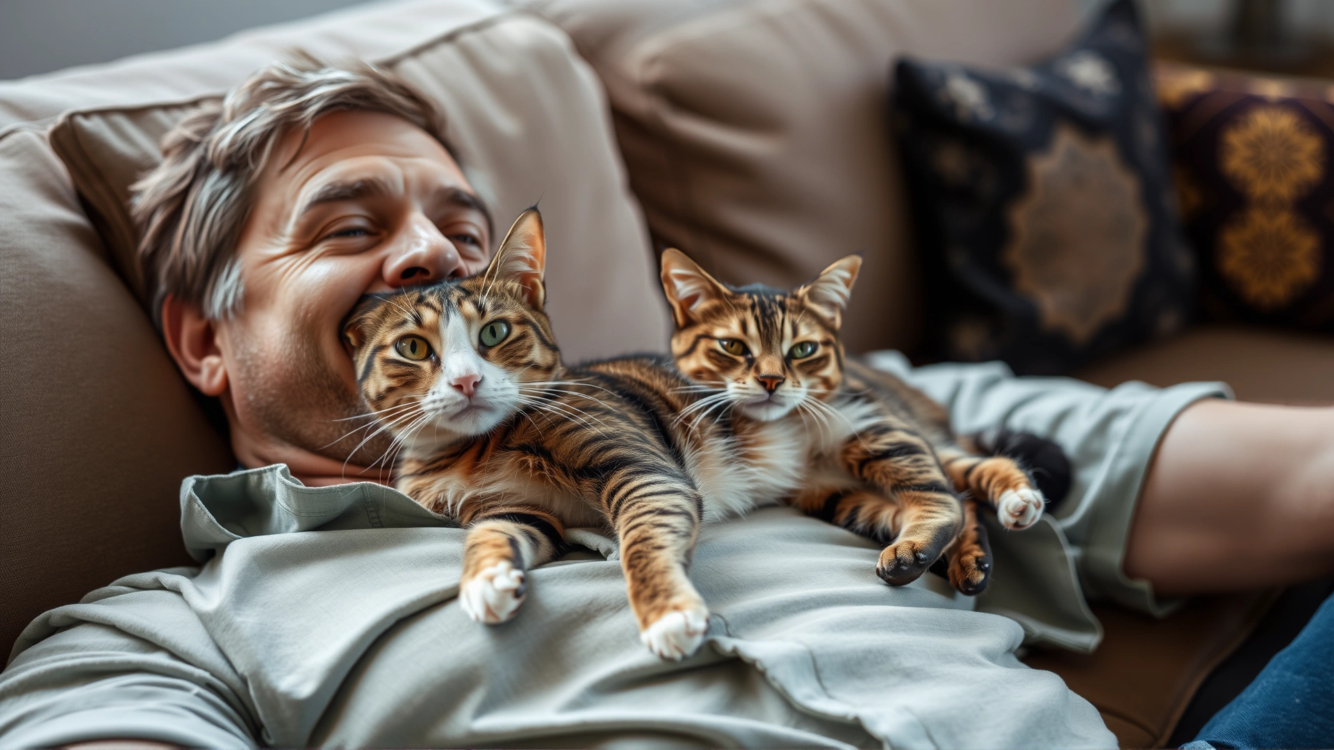 Owner lounging on a sofa while a relaxed cat lies on their lap, both looking content.