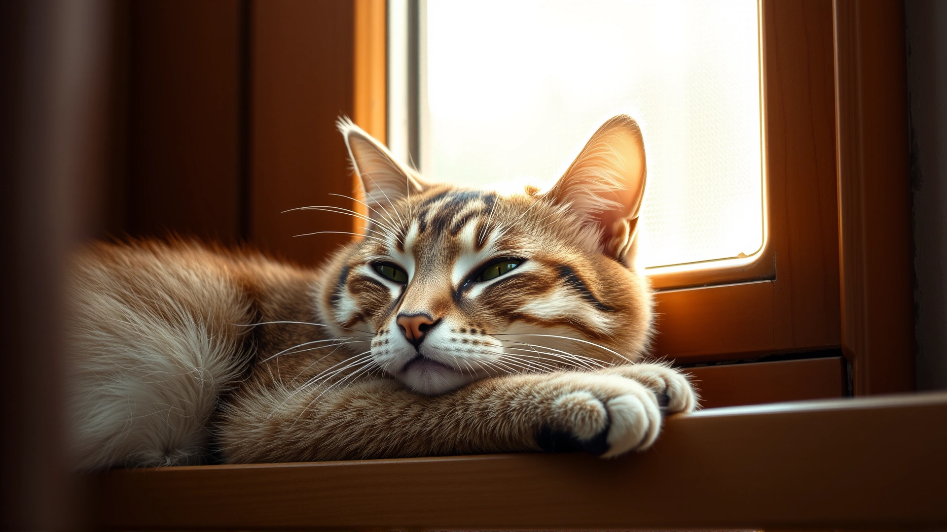 A content senior cat resting in a cozy sunlit window nook with a relaxed expression, warm tones, no text.
