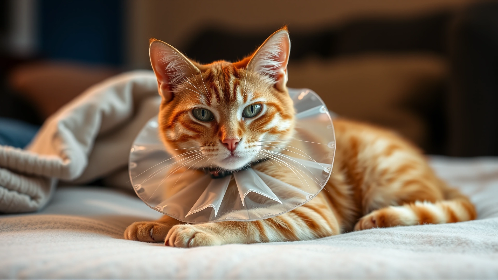 Ginger cat wearing a transparent Elizabethan collar resting comfortably on a soft blanket at home, warm ambient light, no text.