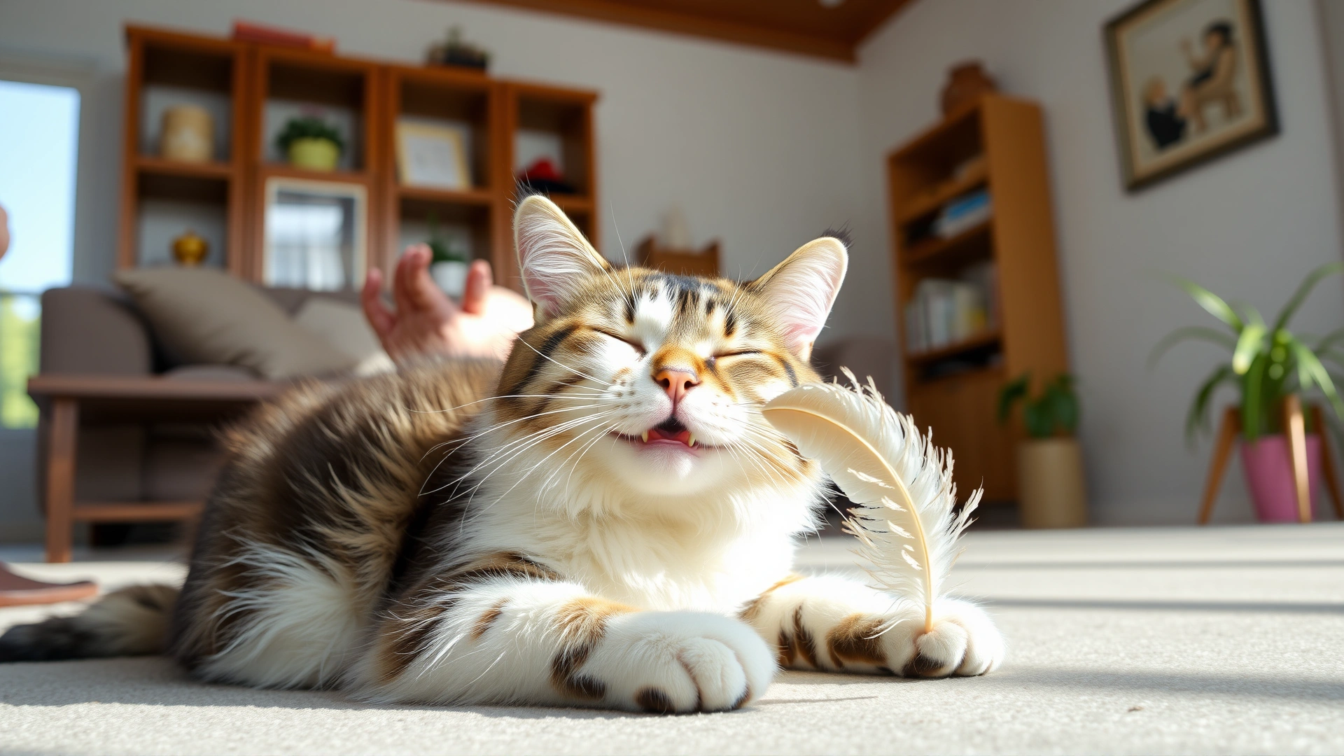 Happy relaxed cat playing with a feather toy in a sunlit living room